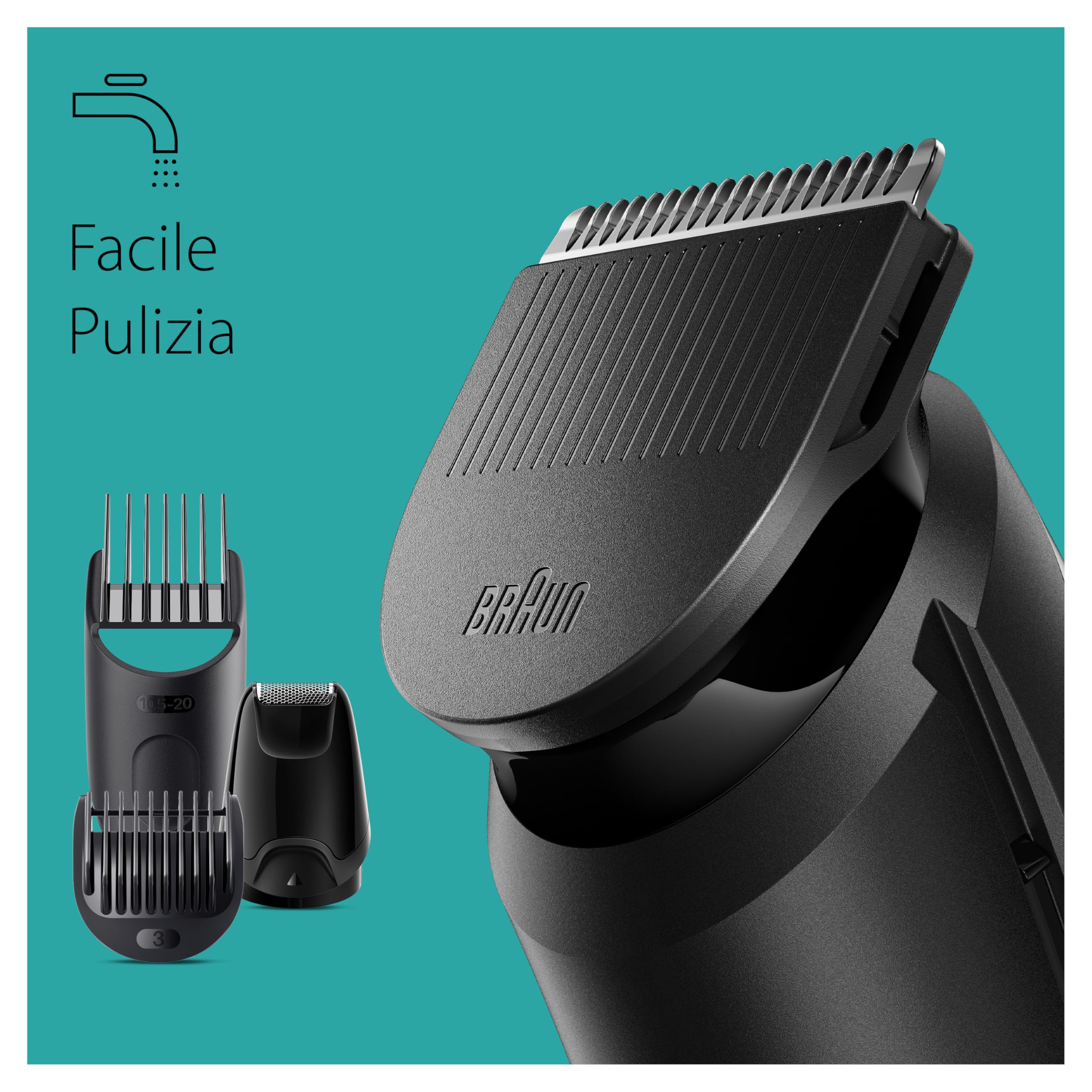Braun REGOLABARBA Tagliacapelli Uomo, Rasoio Elettrico Barba e Capelli, 6-In-1 Styling Kit Ideale per Barba, Capelli, 50 Minuti Di Utilizzo Senza Fili, MGK3410