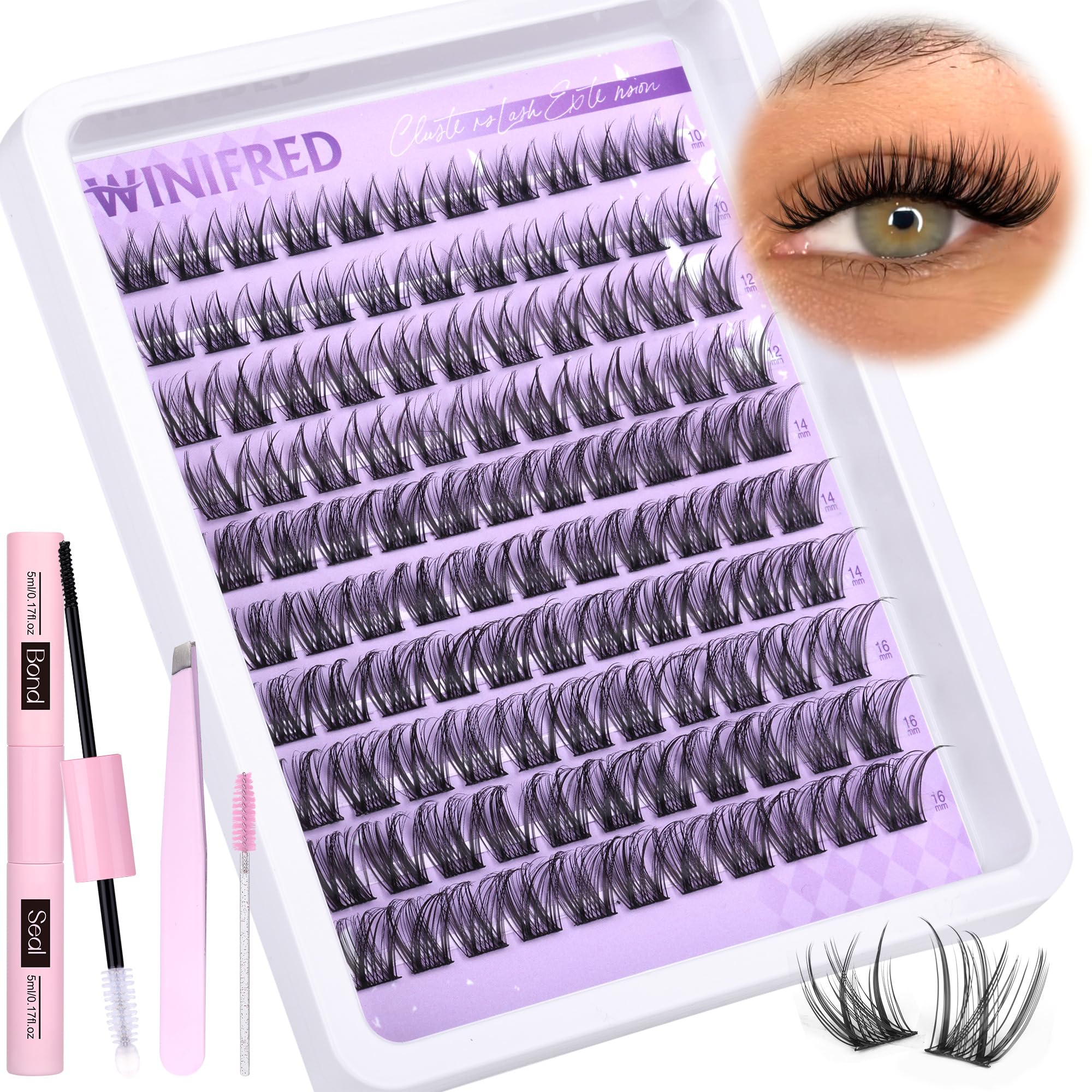 Wispy Lash Clusters Kit Natural Lash Extension Kit Cluster Eyelash Extensions C Curl Eyelash Extension Kit 16mm Eyelash Clusters Natural Individual Lashes with Lash Bond and Seal by Winifred, Black