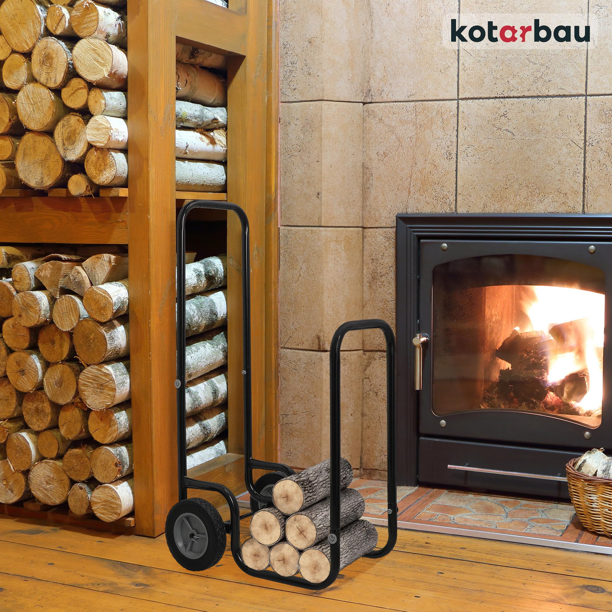 KOTARBAU® Carrello per legna da ardere con ruote, carrello in legno, 102 x 54 x 41 cm, 80 kg, colore nero, verniciato a polvere, per legna da ardere e legna da ardere