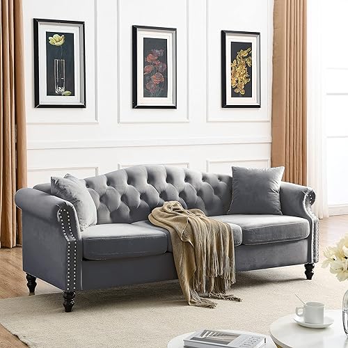 Miniatura 4 de Sofá Chesterfield de 79 pulgadas con 2 almohadas, sofá de 3 plazas de terciopelo con brazos enrollados y cabeza de clavos para sala de estar,