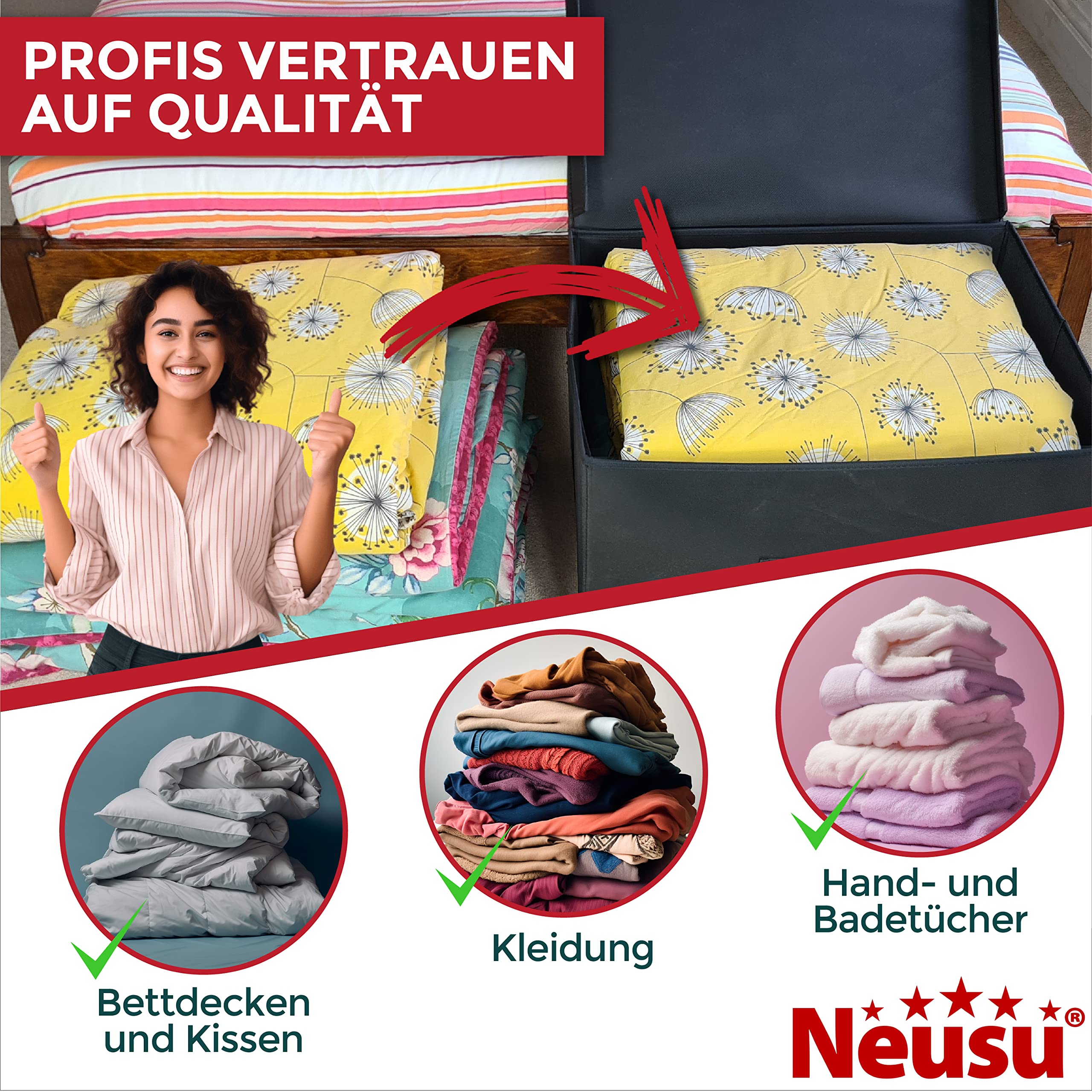 Neusu Aufbewahrungsbox mit Deckel - Schwarz, Stoff Bezogen - Stabile große 60x45x40 cm Klappbox - 100 Liter Super-Jumbo XXL Kiste/Ordnungsbox (100L)