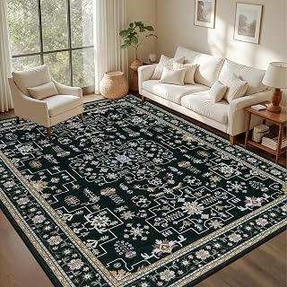 6x9 Area Rugs Living Room Rug: Washable Vintage Boho Medallion Rug No Slip Stain Resistant Soft Carpet Indoor Floor Large Carpets for Bedroom Dining Room Farmhouse Nursery Hallway Home Office Black