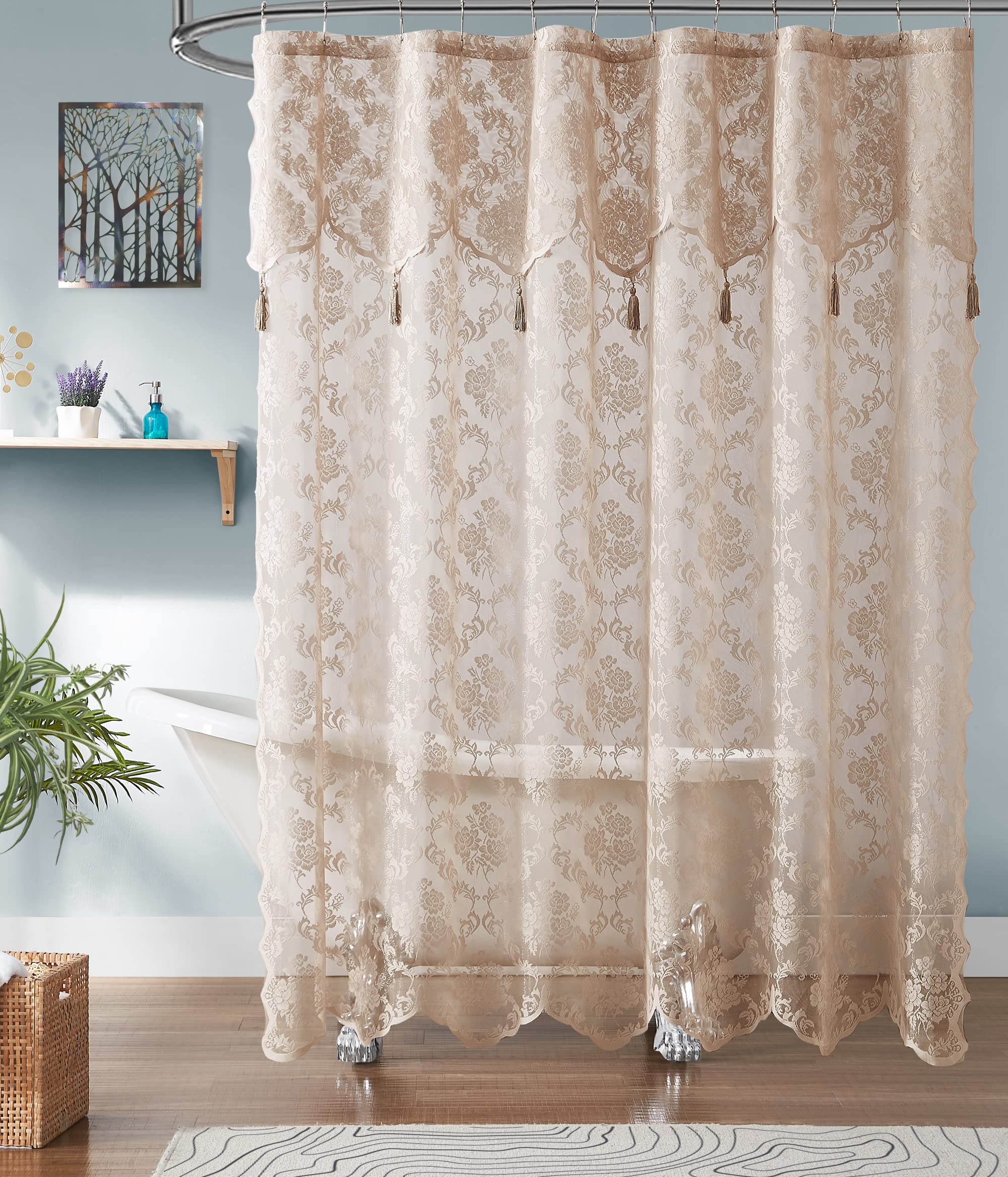 ASATEX Golden Lace Shower Curtain. 72 x 72 Inches Classic Floral Design Bath Curtain with Attached Valance and Tassels. Affordable Shower Curtains