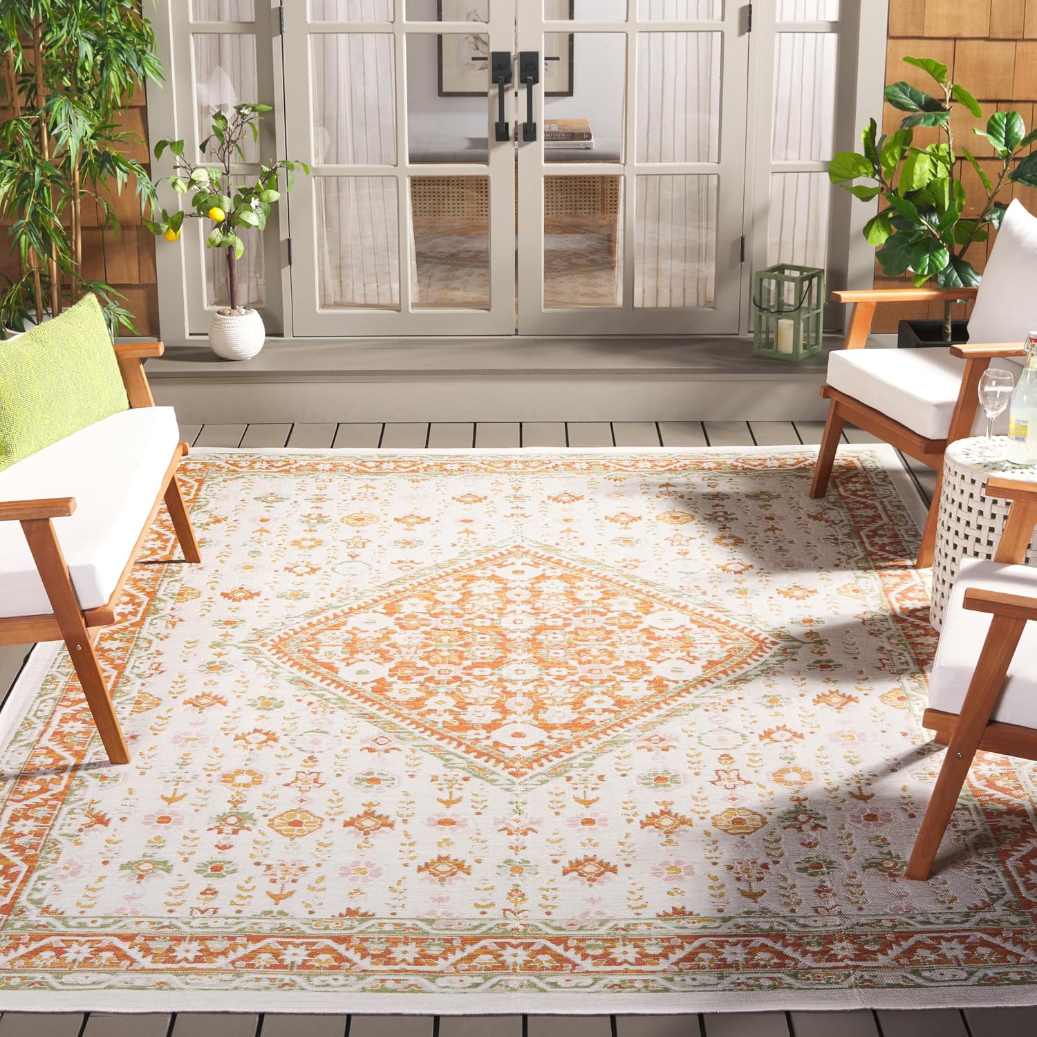 SAFAVIEH Washable Rug Outdoor Sunrise Collection - 8' x 10', Ivory & Rust Sage, Non-Shedding & Easy to Clean, Ideal for Patio, Backyard, Mudroom (SUN620A)