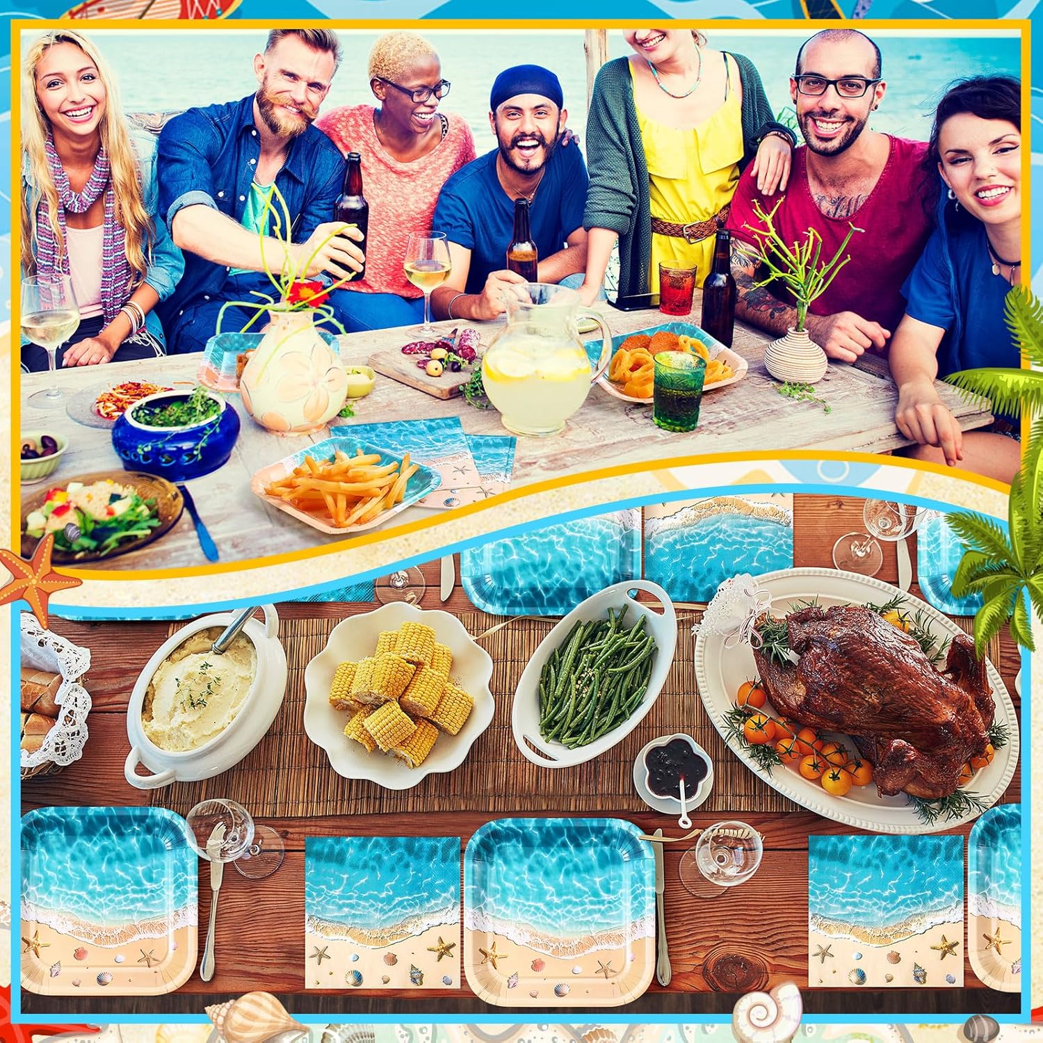 Zhehao 72 Pcs Beach Plates and Napkins Set Serve 36, 7" Ocean Square Paper Dessert Plates Party Supplies Ocean Girl Sea Blue Beach Disposable Dinnerware Decoration for Birthday Hawaiian Holiday - Image 6