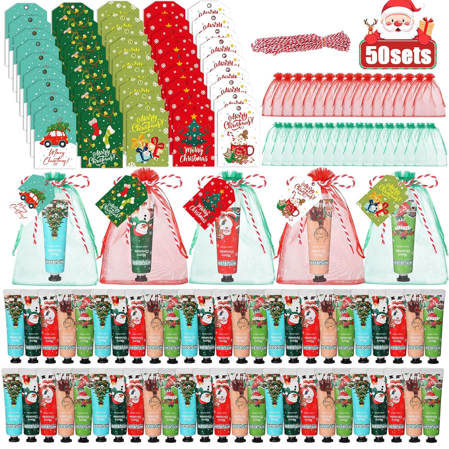 50 Sets Christmas Hand Cream Gifts Bulk for Women Hand Lotion for Dry Cracked Hands Travel Size Moisturizing Hands Care Cream with Organza Bag and Tag for Xmas Stocking Stuffers Winter Holiday Gift