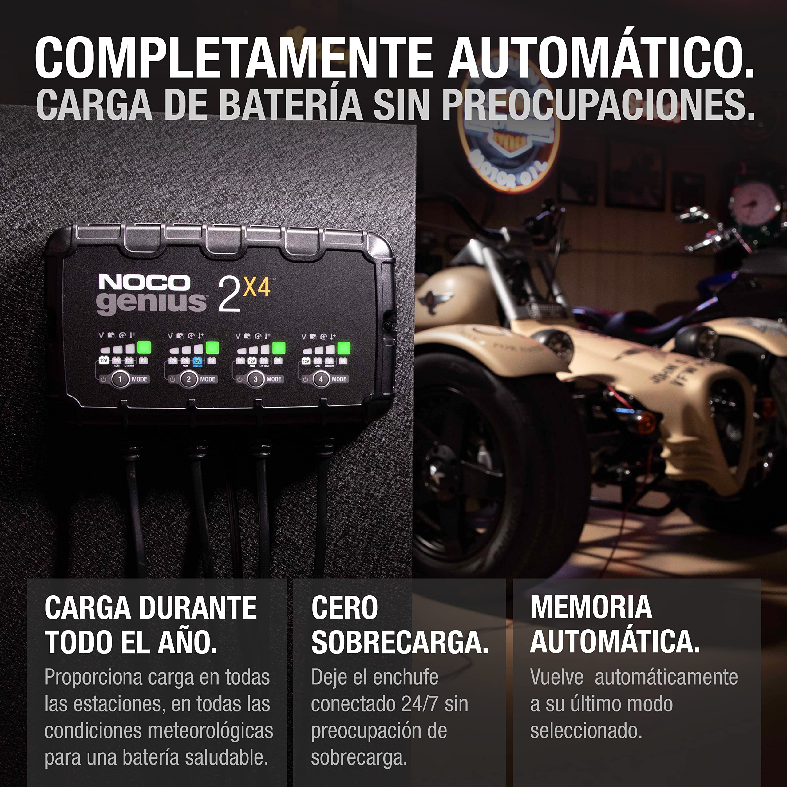 NOCO GENIUS2X4: Cargador Inteligente de baterías 8A con 4 Bancos (2A/Banco) – Mantenedor automático y desulfatador 6V/12V – Protección contra sobrecarga – para baterías de Plomo y Litio
