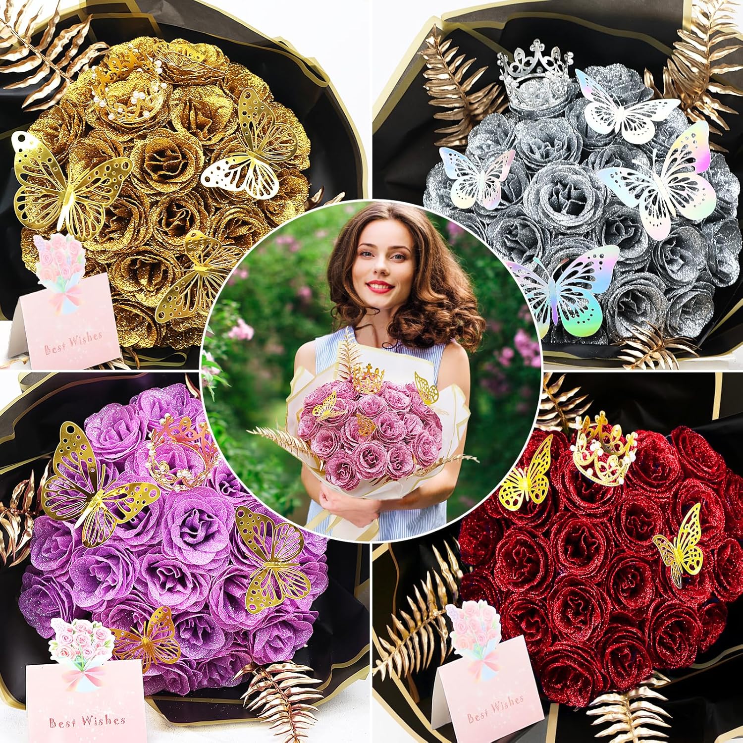DIY Glitter Roses Bouquet 24Pcs - Light Purple Artificial Glitter Rose with Stems Wrapping Paper 3D Butterflies Crowns for Mother's Day Graduations Anniversary Birthday Wedding Bouquets,for Her - Image 7
