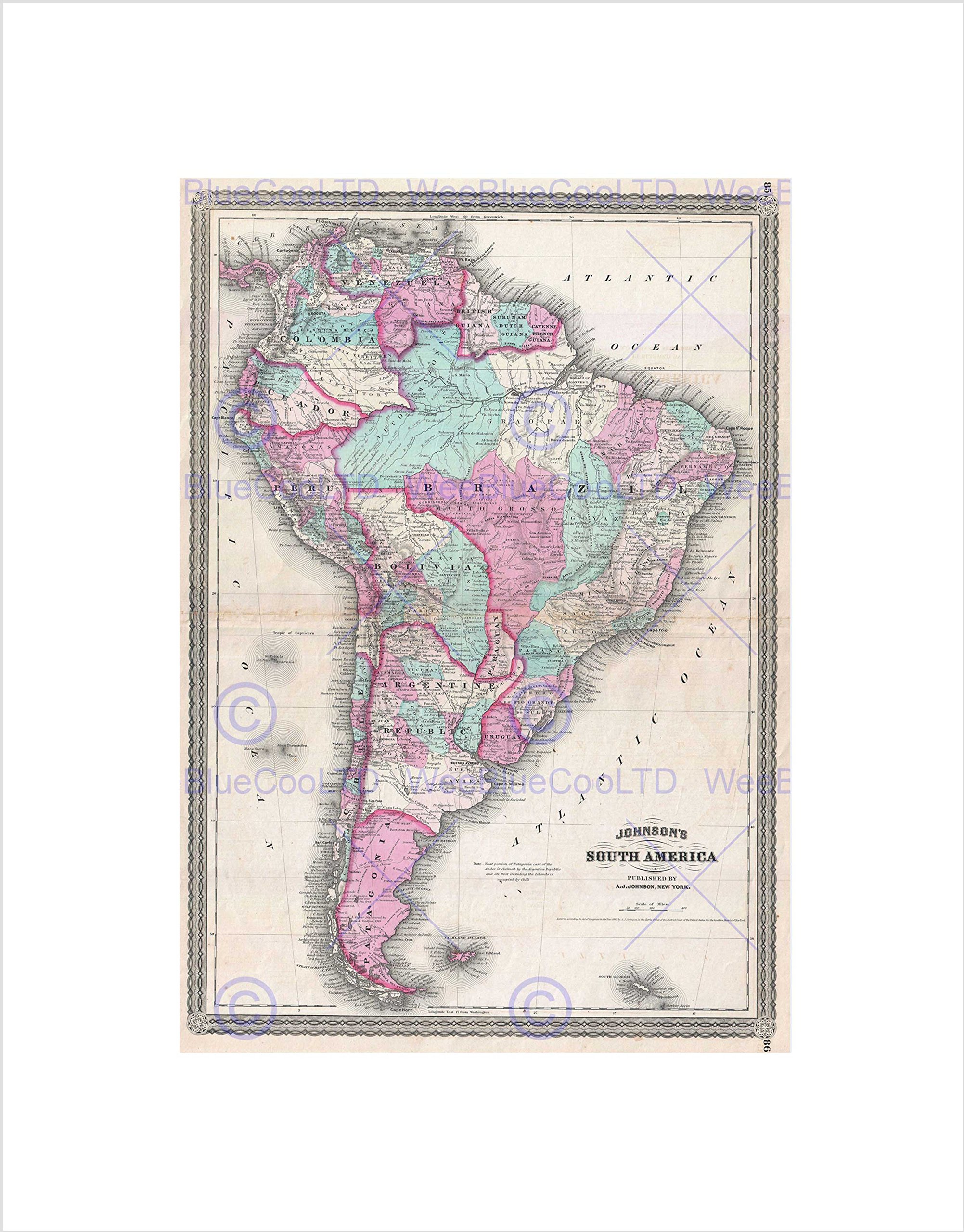 Wee Blue Coo 1870 Johnson Map South America Vintage Picture Wall Art Print