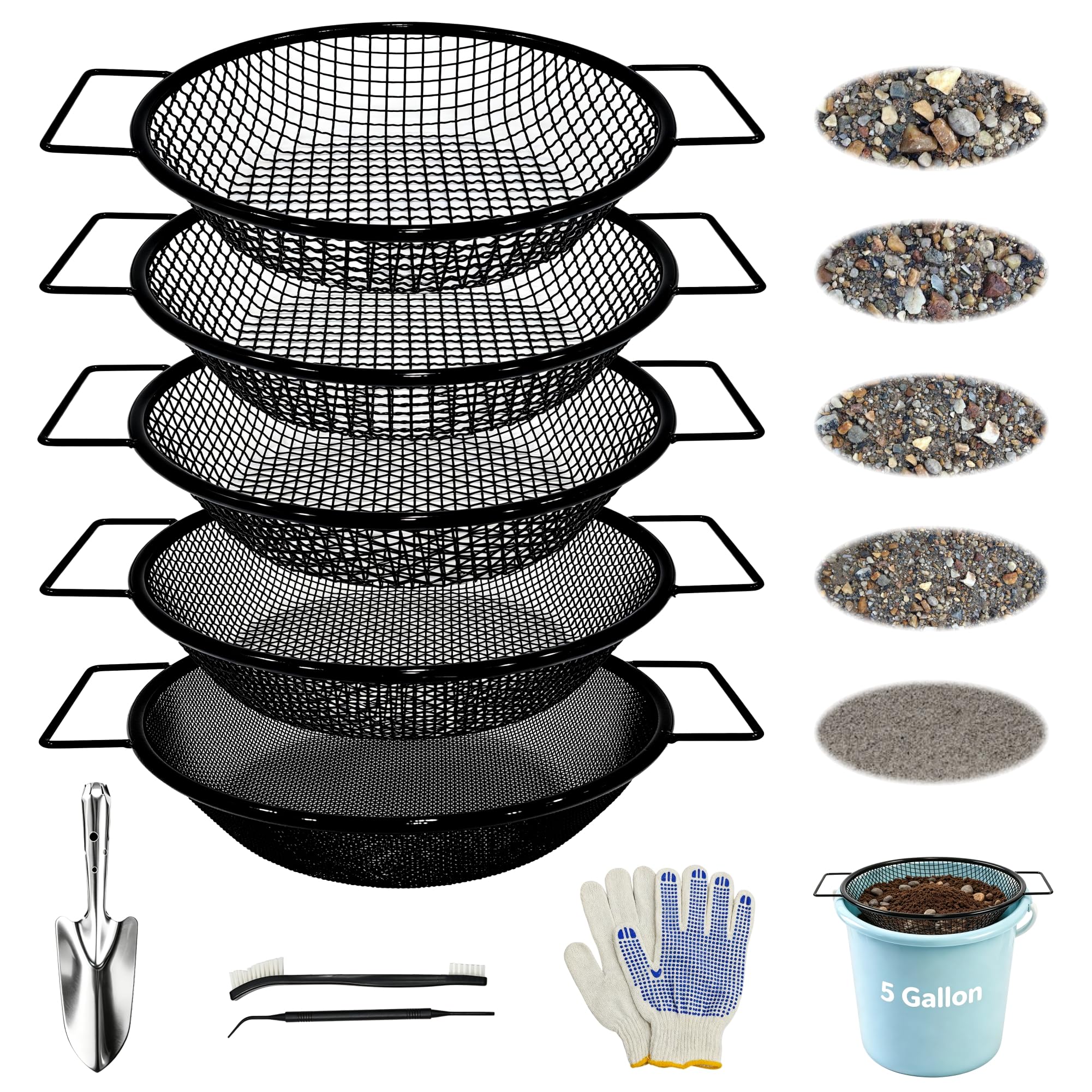5PCS Soil Sifter for Gardening w Handle,5 Sizes Mesh Sieve for 5 Gal Bucket