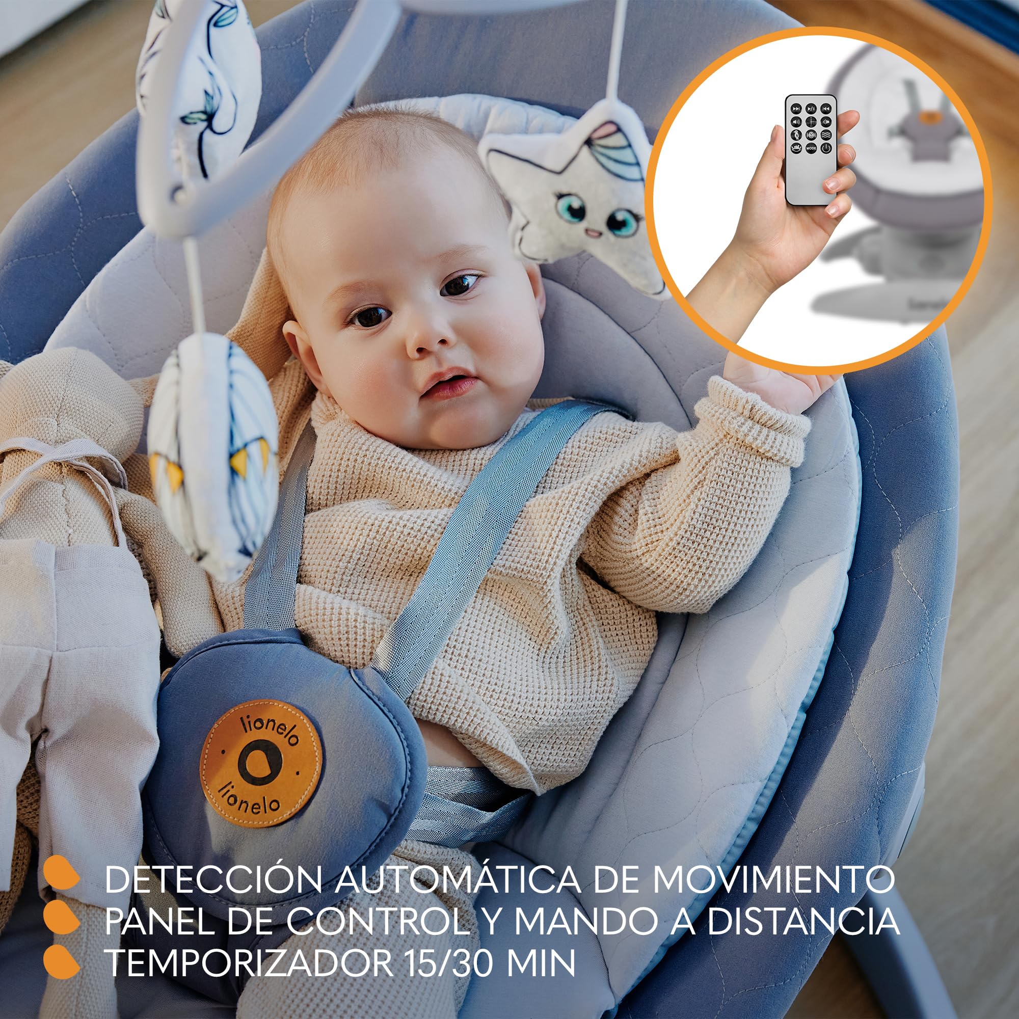 lionelo MELL Mecedora para Bebés 360° Ajustable con 5 Velocidades, Seguridad con Arnés 5 Puntos, 12 Melodías, Bluetooth, Hamaca Ergonómica con Almohada de Bambú, Silla Silenciosa y Lavable (Grey)
