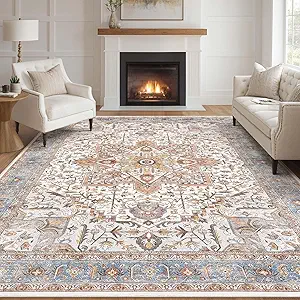 Tortania Area Rug Living Room Rugs - 9x12 Washable Boho Rug Vintage Oriental Distressed Farmhouse Large Thin Indoor Carpet for Living Room Bedroom Under Dining Table Home Office - Azure Orange