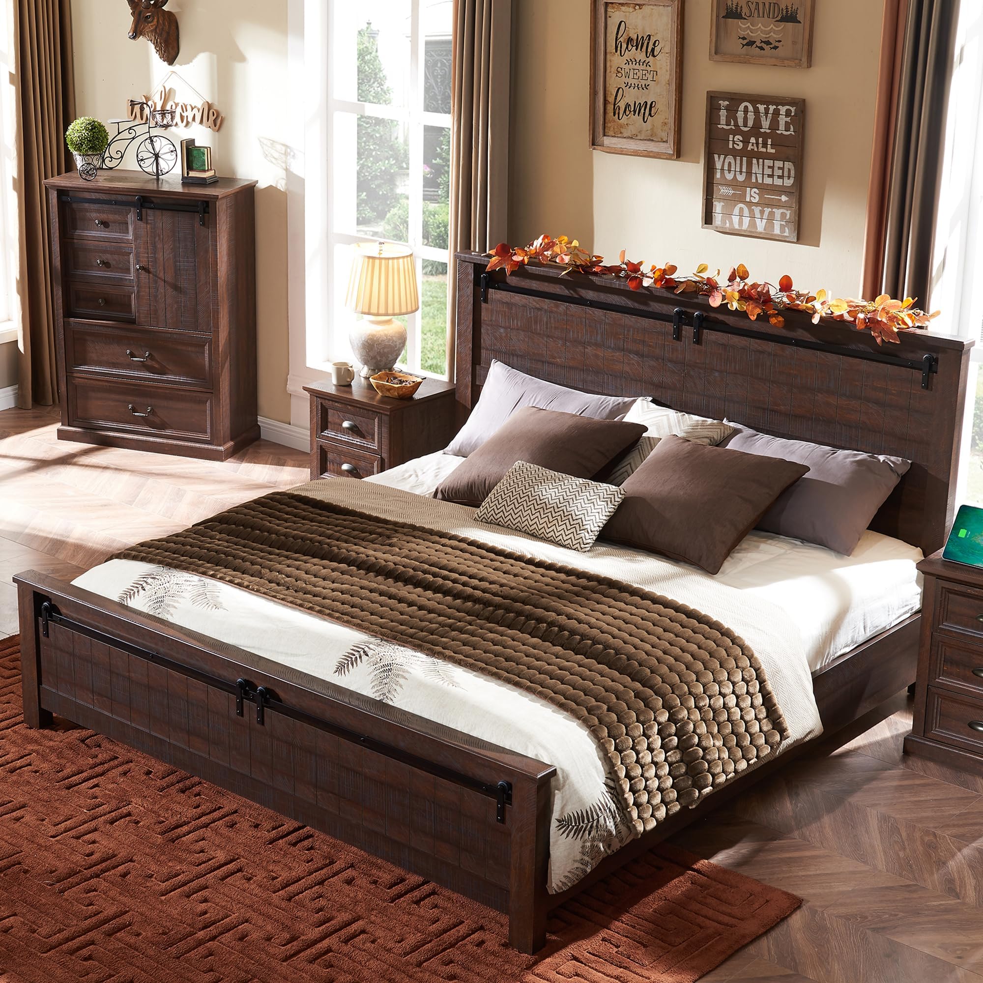 Amazon.com: SinCiDo King Size Bed Frame with Headboard, Farmhouse Wood ...