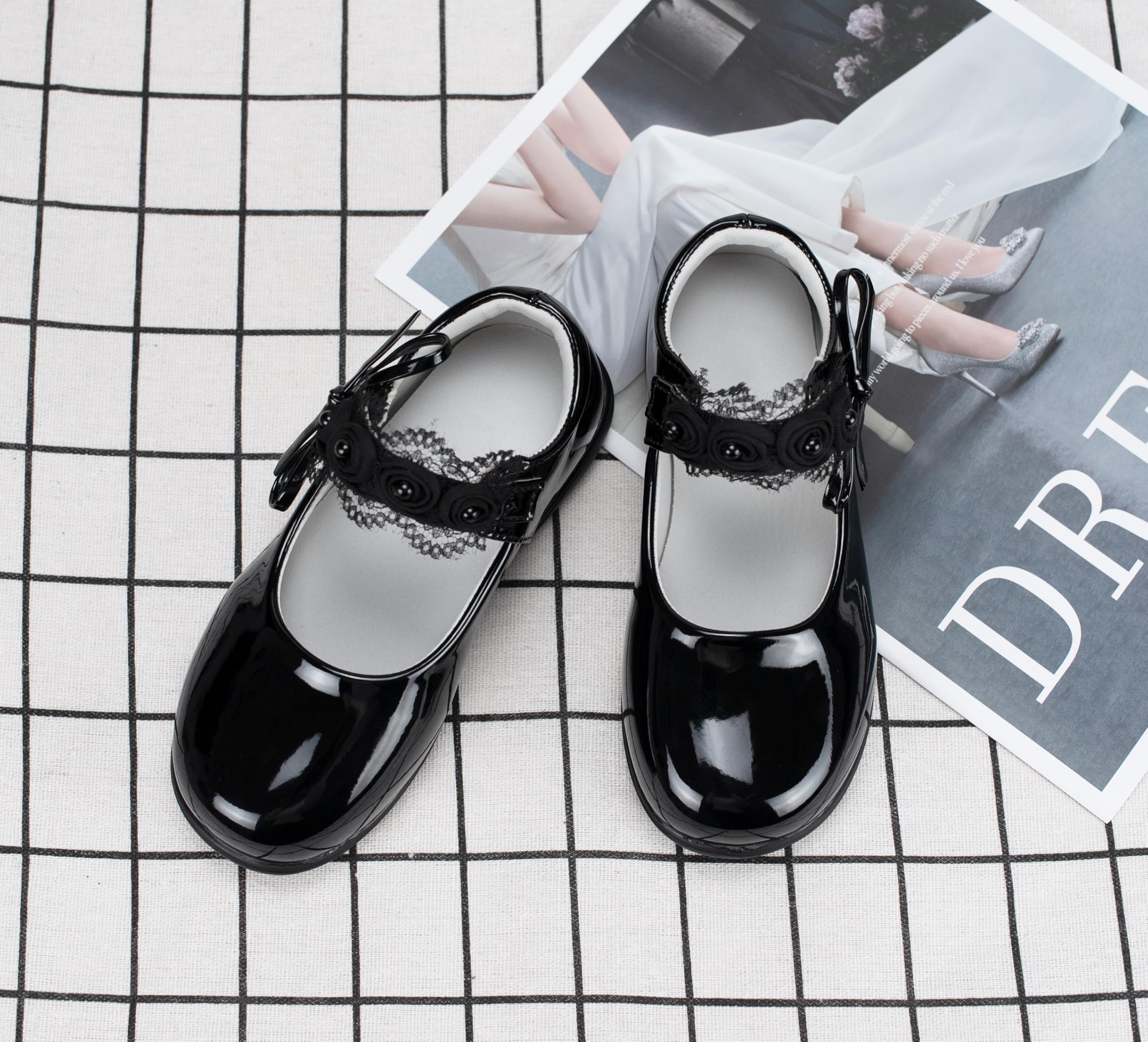 Scarpe Mary Jane Eleganti per Ragazze Scarpe Ballerine Basse con Fiocco Pizzo Bianche e Nere per Matrimonio, Festa, attività, Scuola