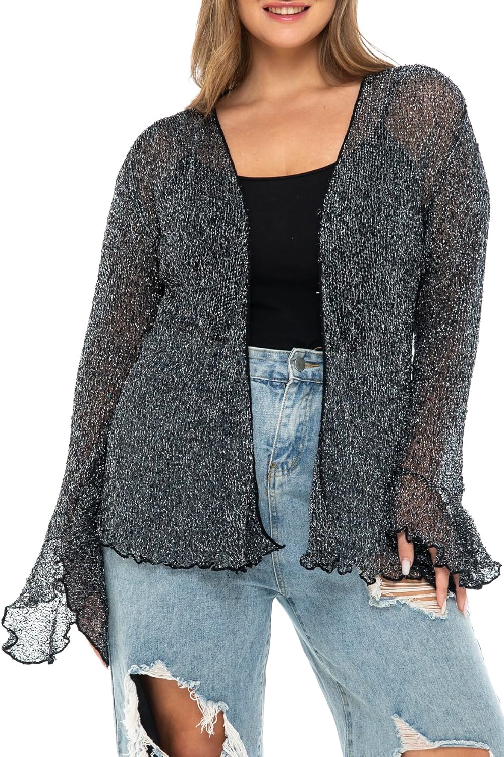 Back From Bali Womens Plus Size Sheer Shrug Cardigan Long Bell Sleeves Lightweight Knit Bolero 2X 3X 4X
