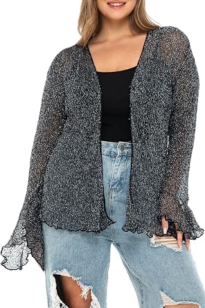 Back From Bali Womens Plus Size Sheer Shrug Cardigan Long Bell Sleeves Lightweight Knit Bolero 2X 3X 4X