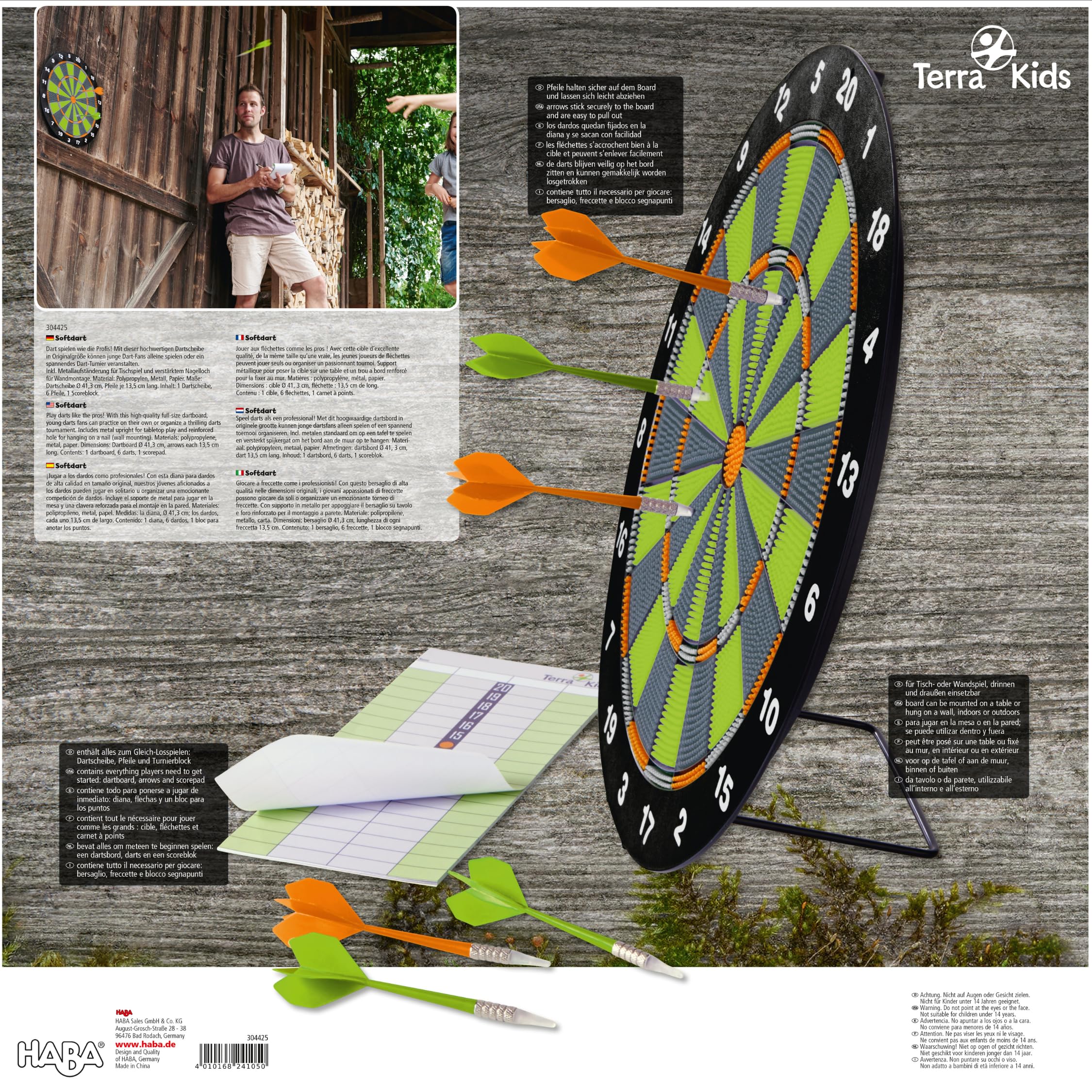 HABA 304425 - Terra Kids Softdart, Dartspiel für Kinder ab 6 Jahren, mit Dartscheiben-Ø 41,3 cm, Block und 6 Pfeilen mit Sicherheits-Kunststoffspitze je 13,5 cm lang, in- und Outdoor
