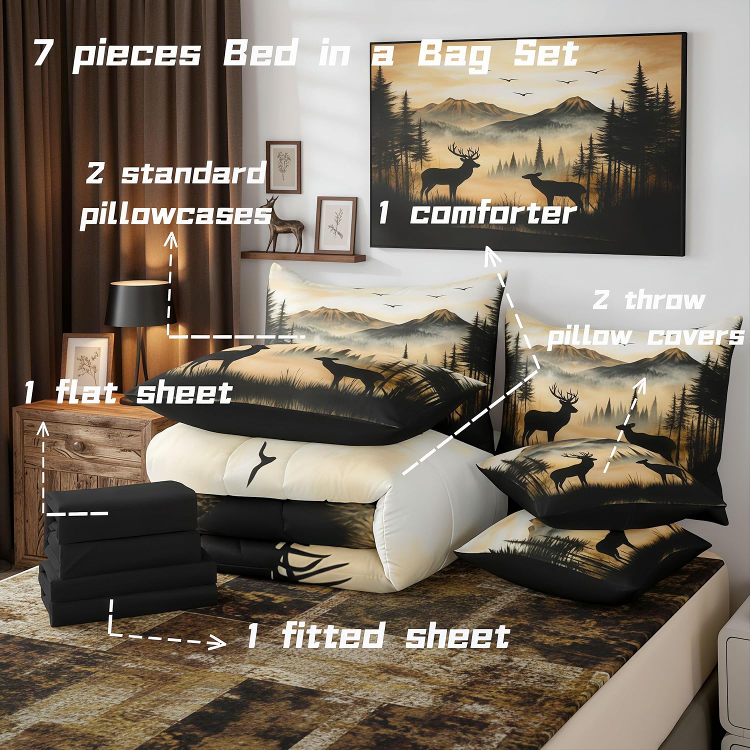 jejeloiu Western Rustic Cute Deer Queen Comforter Set with Sheets for Kids Boys Girls Deer Hunting 7 Pieces Bedding Set Country Farmhouse Bed in a Bag Foggy Mountain Room Decor Soft Lightweight
