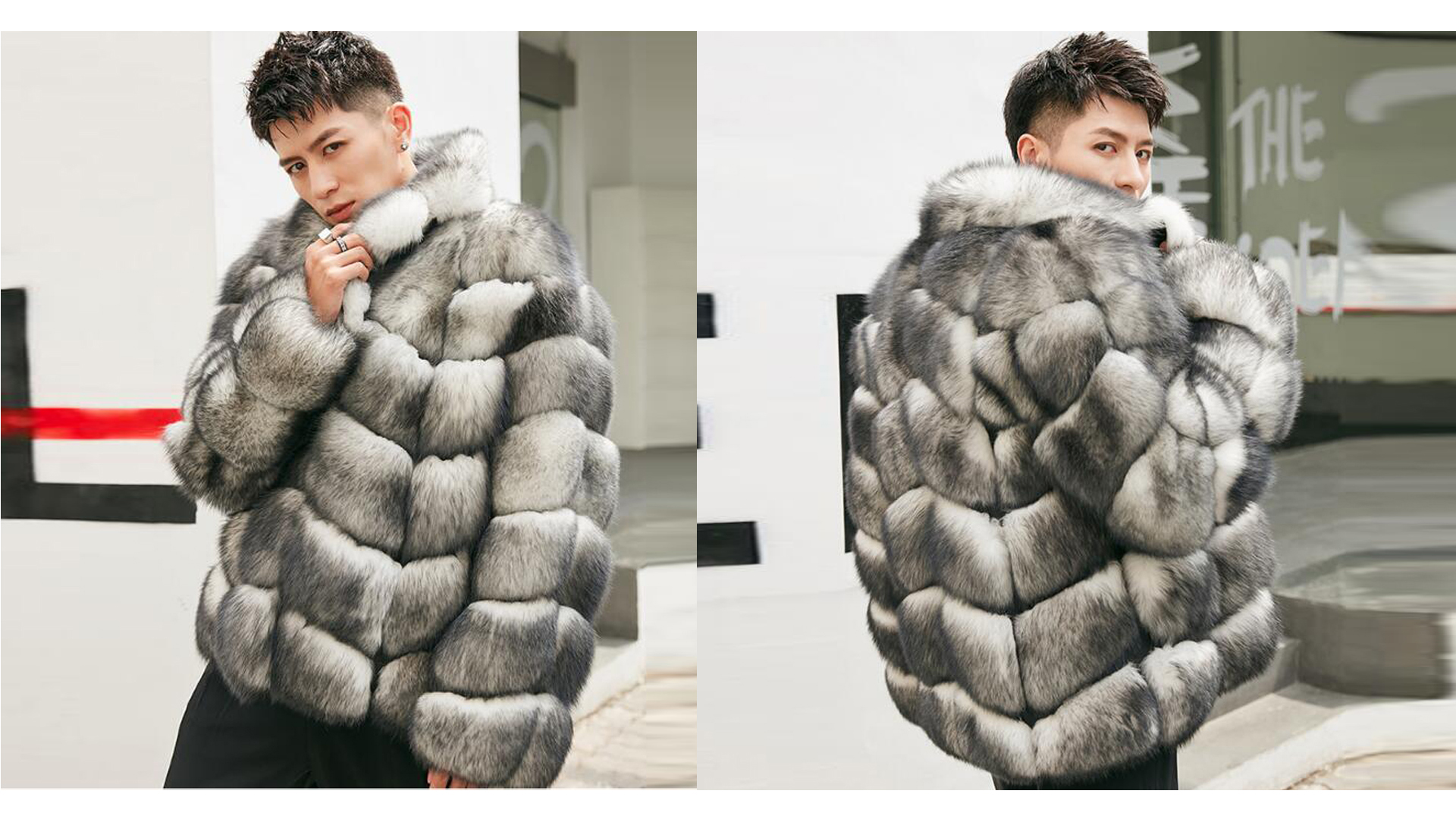 Denny&Dora Men's Grey Color Lapel Fox Fur Coat Imported Finnish