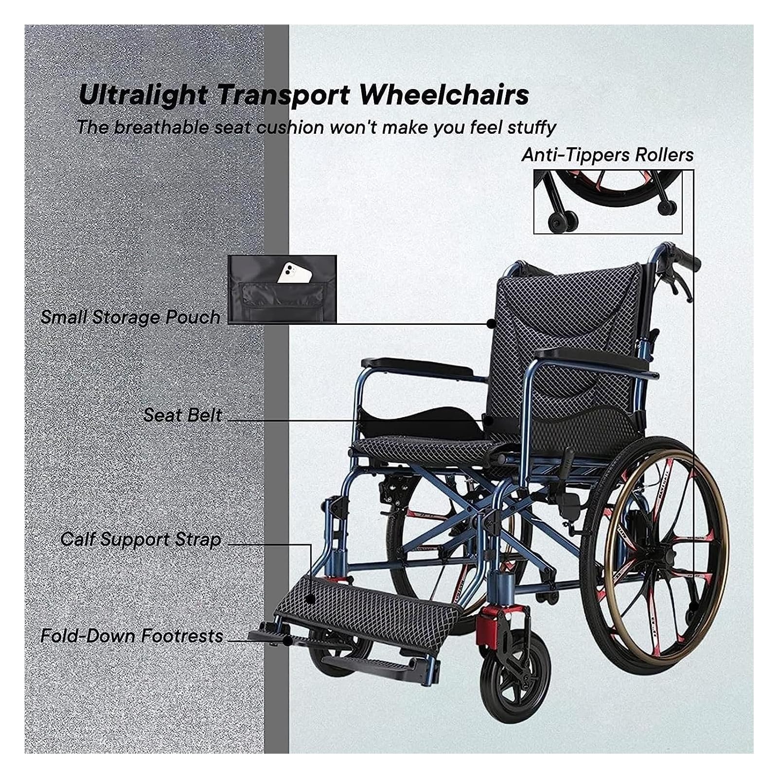 Silla de ruedas, silla de ruedas plegable, silla de ruedas plegable ligera con reposapiés basculante, silla de ruedas manual portátil que absorbe los golpes