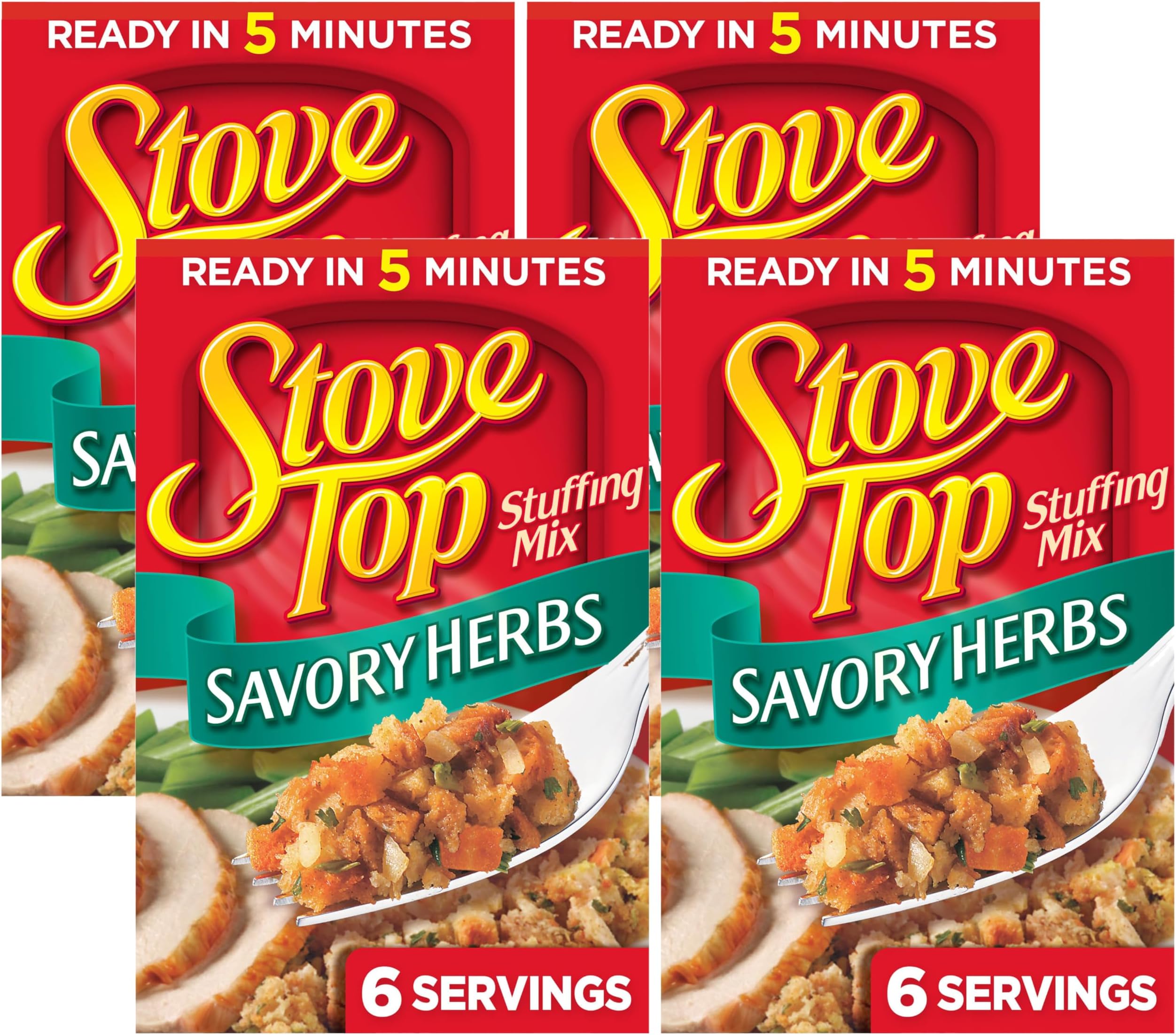 Savory Herbs Stuffing Mix, Instant Side Dish for Chicken Pork and Holiday Meals, Savory Seasoned Bread Stuffing, Ready in 5 Minutes, 6 Ounce Box (Pack of 4)