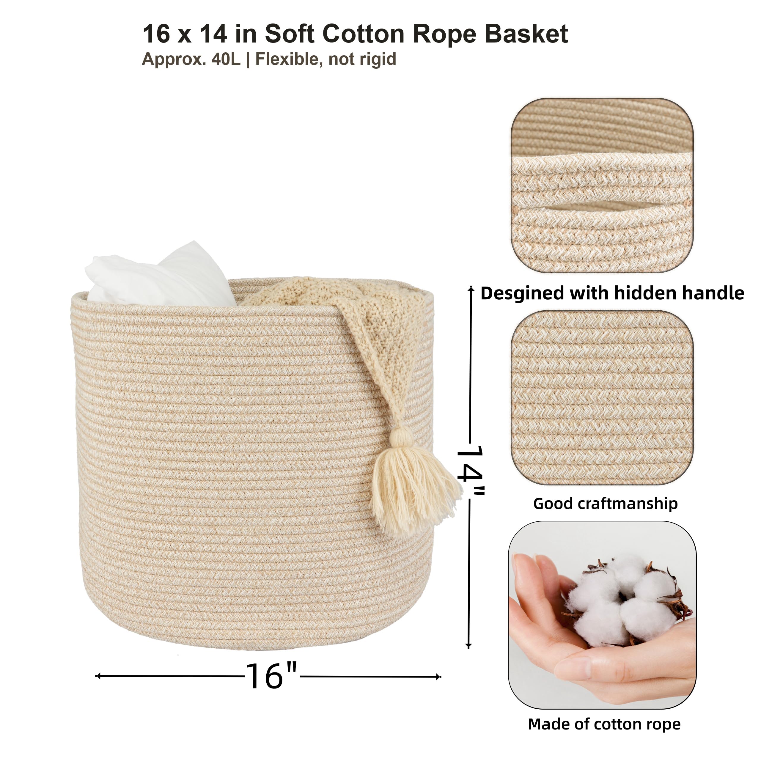 XUANGUO - Cesta de cuerda de algodón para niñas y niños, 16 x 14 pulgadas, cesta redonda tejida para guardar juguetes, mantas, zapatos, ropa, avena