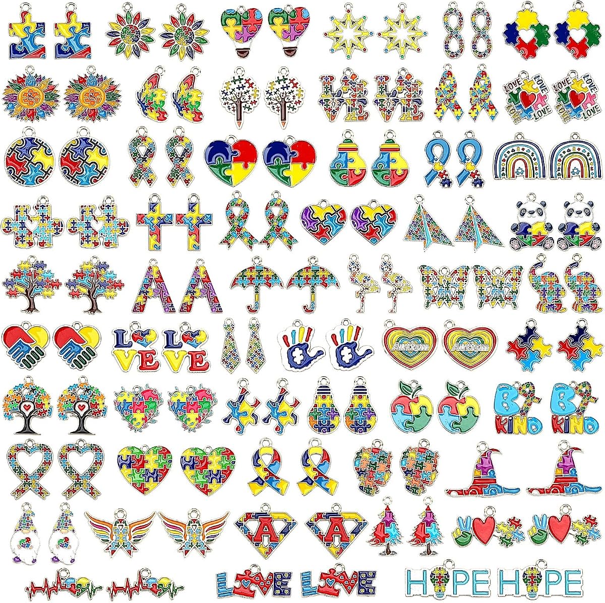 SANNIX 110 piezas 55 pares de abalorios de concienciación sobre el autismo, joyas de autismo esmaltadas en oro | Dijes para pulseras, collares, pendientes, llaveros, manualidades, fabricación de joyas, recuerdos de fiesta para mujeres y niñas.