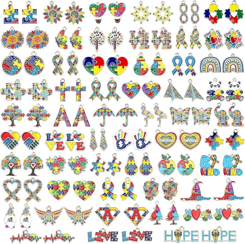SANNIX 110 piezas 55 pares de abalorios de concienciación sobre el autismo, joyas de autismo esmaltadas en oro | Dijes para pulseras, collares, pendientes, llaveros, manualidades, fabricación de joyas, recuerdos de fiesta para mujeres y niñas.