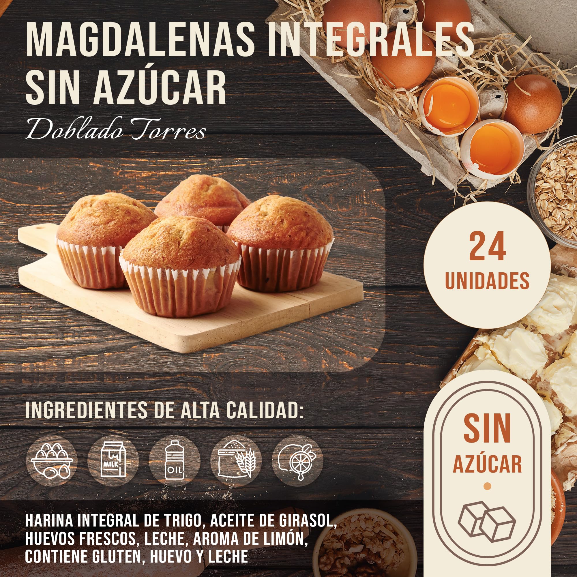 Doblado Torres Magdalenas Integral Sin Azúcar - Magdalenas Caseras con Huevos Frescos. Bollería Sin Azúcar. Ideal para un Desayuno Saludable. Envasadas Individualmente 24 unidades