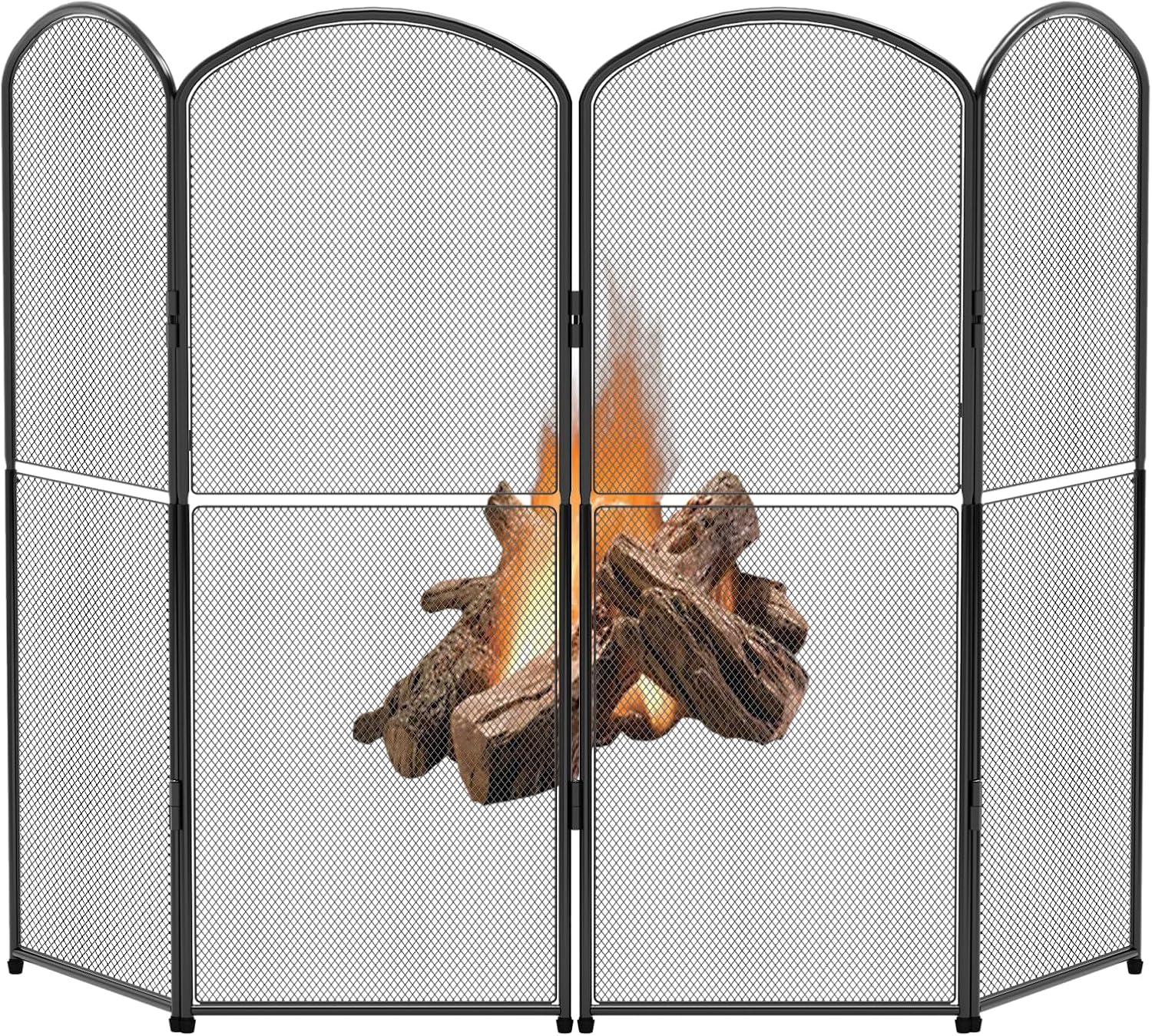 OYEAL 4-Panel Foldable Black Metal Fireplace Screen Spark Guard - 47.8"W x 31"H Decorative Fire Cover for Indoor Home