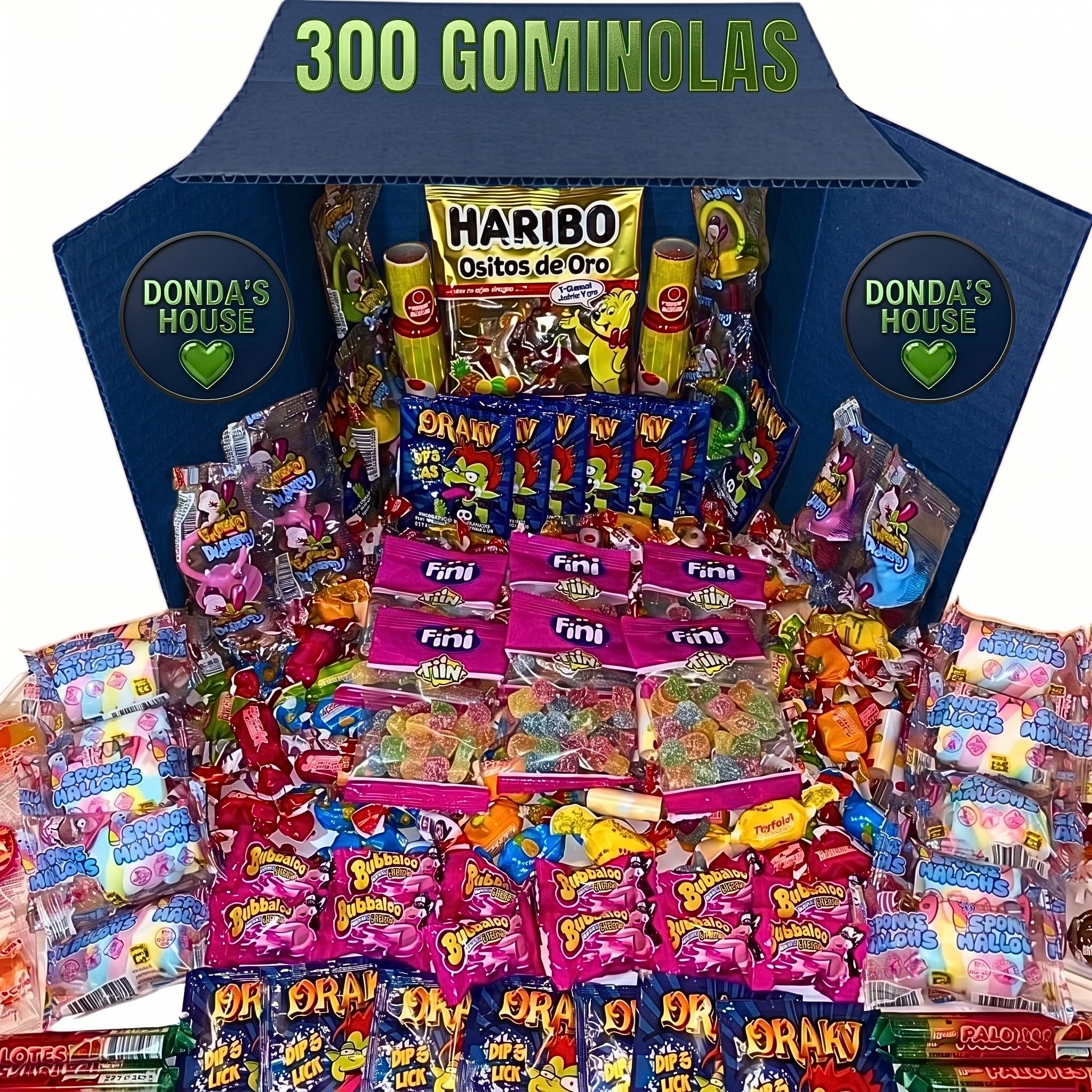 Donda's House® Caja de chuches 300 Ud. Caramelos y Golosinas. Gominolas Para Cumpleaños, Chuches para Piñatas, Todo el surtido envuelto individualmente. (Grande 300)