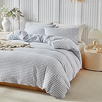 Vista 6 de DuShow Juego de funda de edredón de microfibra lavada a cuadros azul polvoriento, juego de funda de edredón de 3 piezas reversible suave