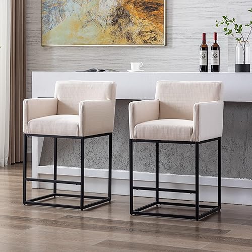 RIVOVA Juego de 2 taburetes de bar tapizados de tela de lino con respaldo y brazos, sillas de bar de metal, taburetes de cocina para isla, bar en