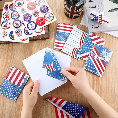 Miniatura 4 de Outus Juego de 30 tarjetas de felicitación patrióticas en blanco para el 4 de julio, tarjetas de notas con la bandera estadounidense con sobres