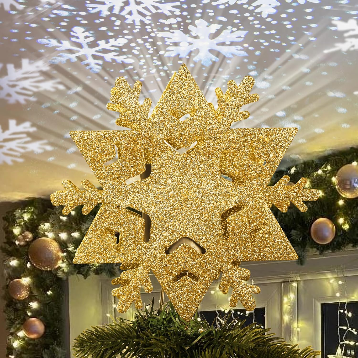 PHITRIC Christmas Tree Topper, 8" Gold Christmas Tree Star with Projector Lights, 6-Pointed Lighted Snow Star Tree Topper, White Snowflake Projection Tree Toppers Christmas Decorations for Xmas Tree
