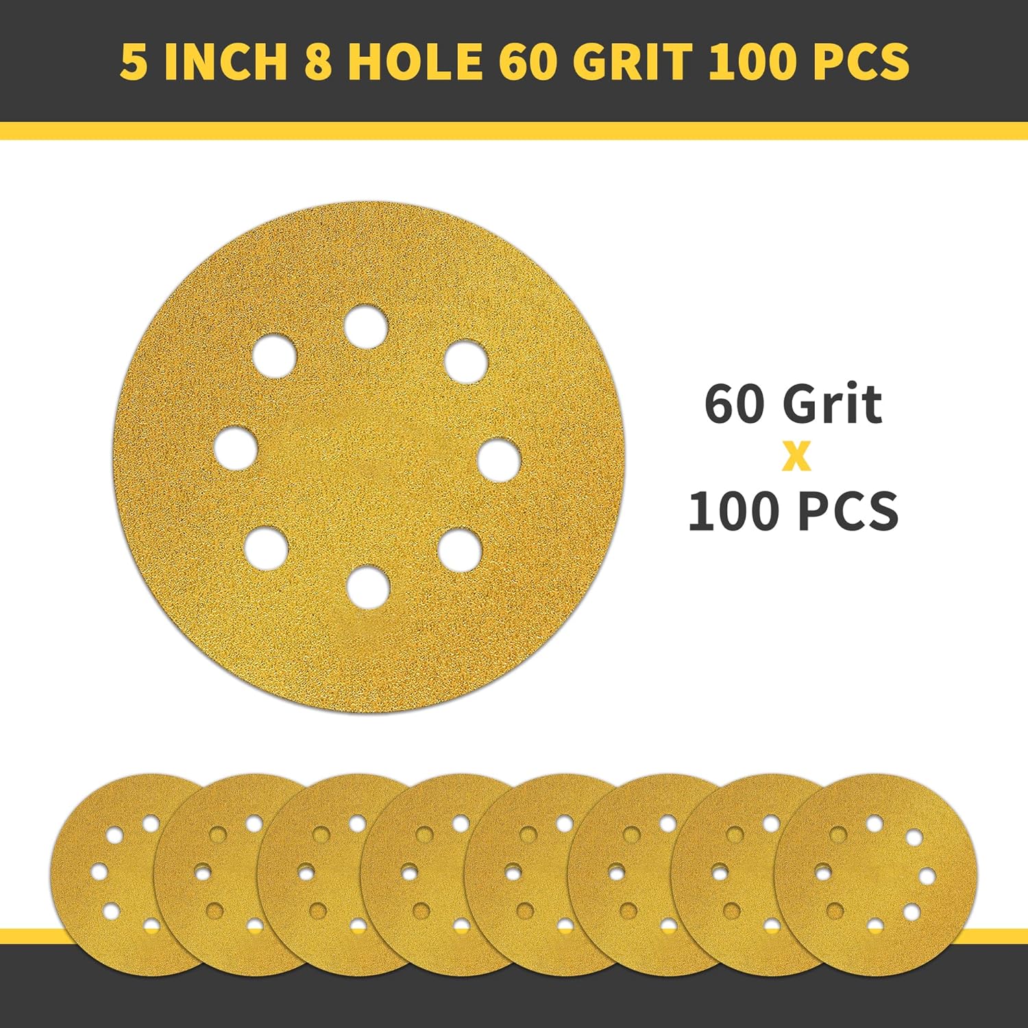 100 PCS 5 Inch 8 Hole Hook and Loop Sanding Discs Sandpaper, 60 Gold Round Grits Sand Paper for Random Orbital Sander Automotive or Woodworking