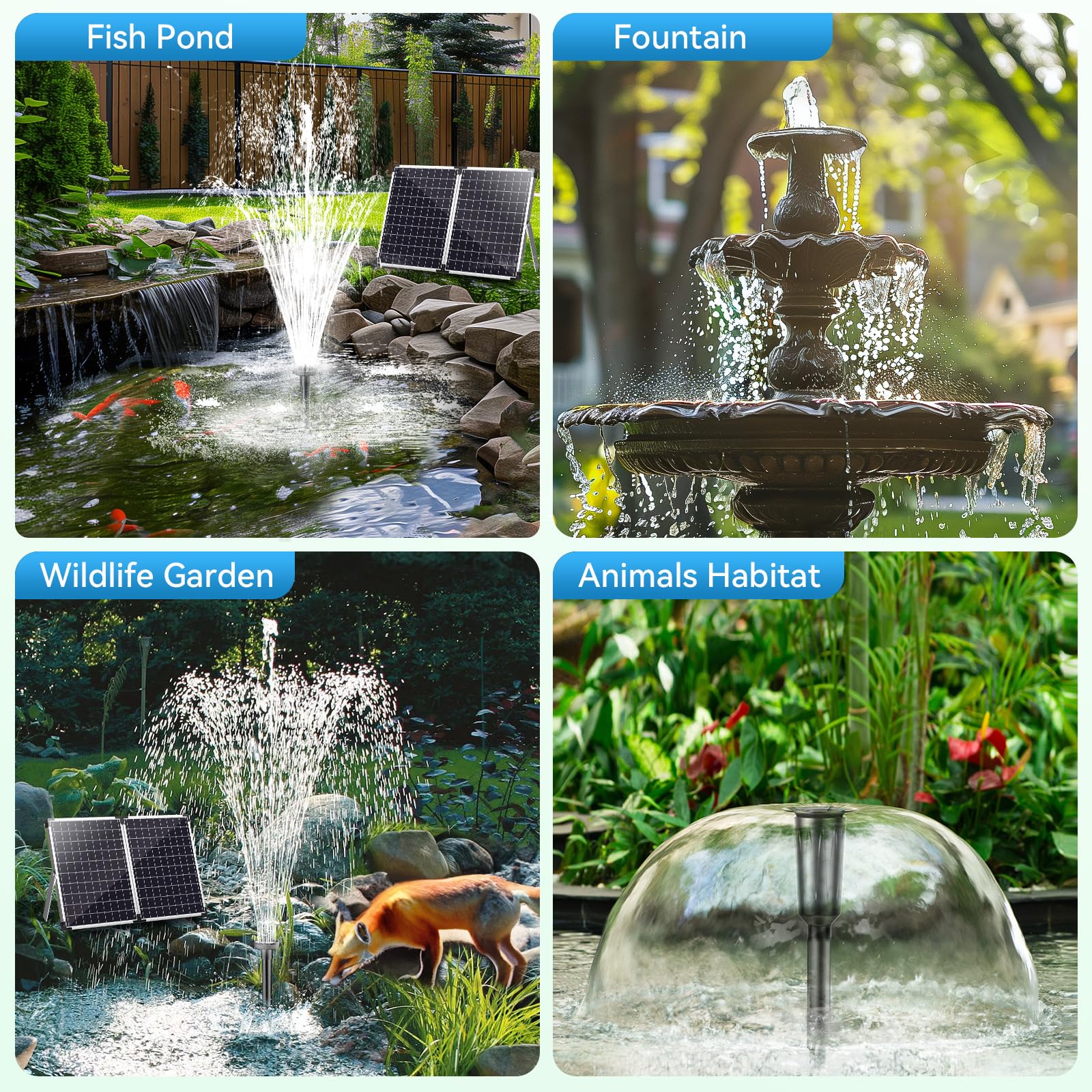 POPOSOAP Pompa solare per fontana da 55 W, pompa solare per laghetto da 480 GPH con protezione a secco, pompa ad energia solare con cavo da 4 m e cavo di prolunga da 3 m, tubo in PVC per laghetti