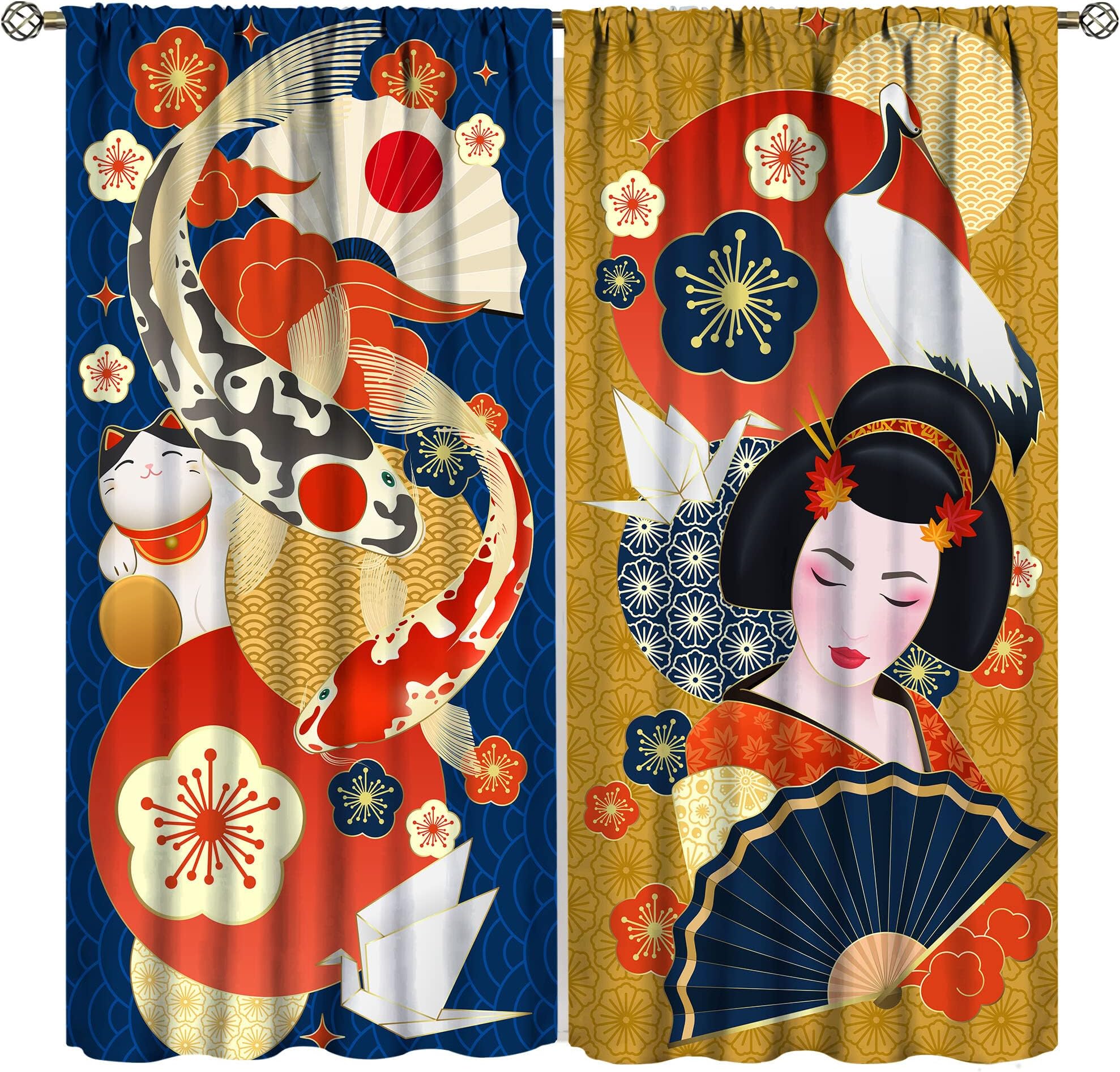 Japanese Style Blackout Curtain Koi Fish Geisha Girl Lucky Cat Red Sun Crane Traditional Waves Cherry Blossoms Printing Asia Oriental Theme Bedroom Living Room Windows Curtains 21x45in,2 Panel Set