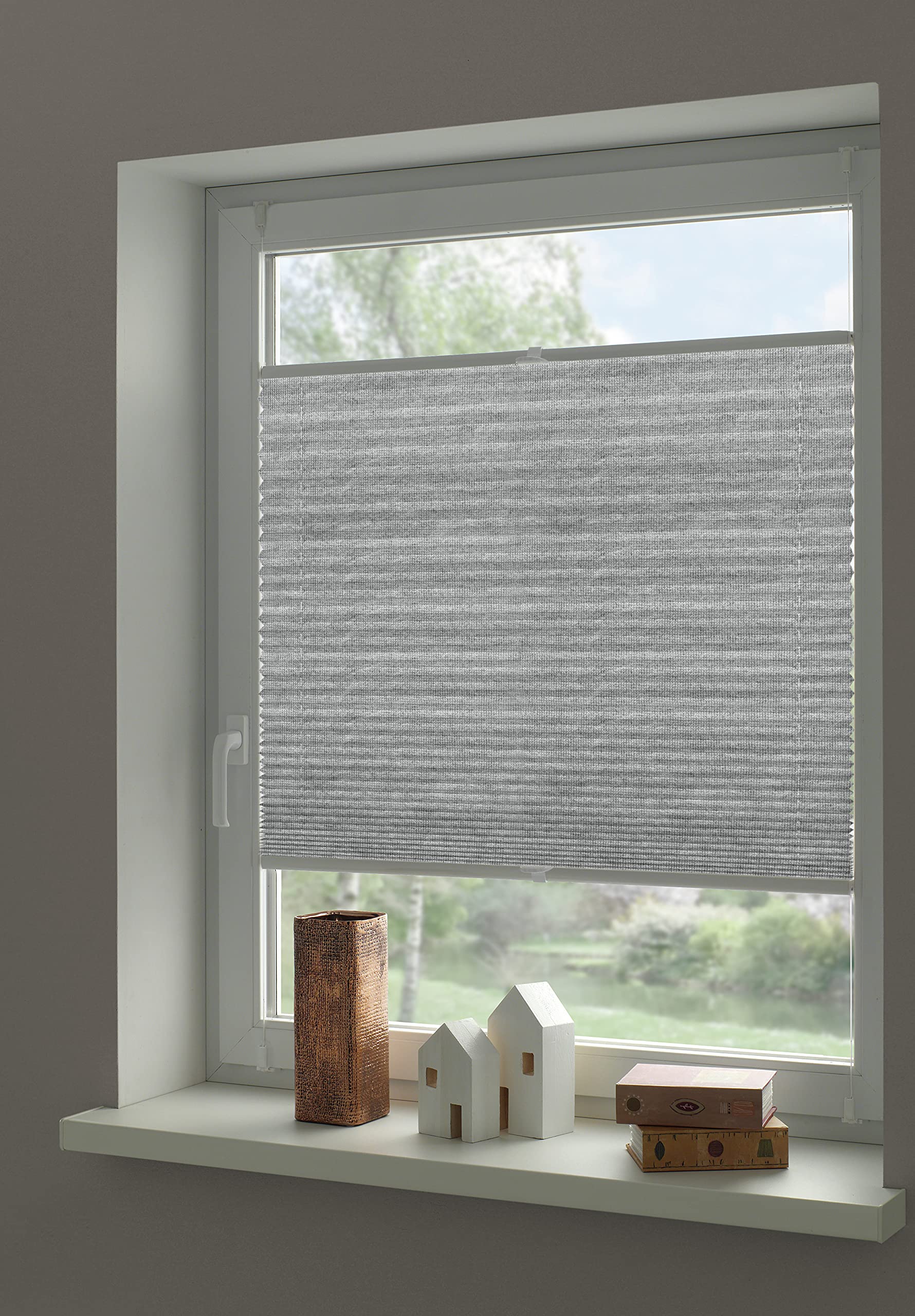Gardinia EASYFIX Tenda Plissettata Lilly Green, Fissaggio a Incastro, Opaco, Rullo a Scomparsa, incl. Materiale di Montaggio, Tessuto 100% Riciclato, Grigio, 40 x 130 cm (LxH)
