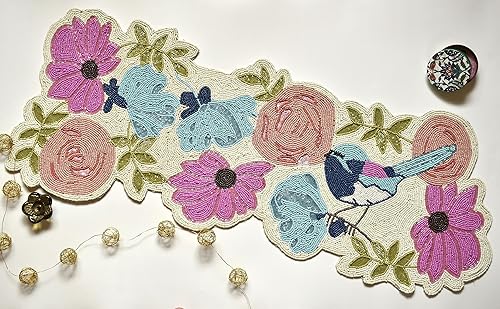 Camino de mesa hecho a mano con cuentas con diseño de pájaros, multicolor, camino de mesa de primavera para casa de campo, decoración de mesa para