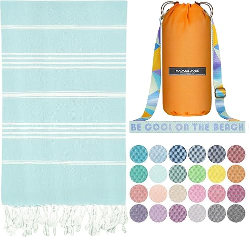 Madamelique Toalla de playa turca con bolsa de playa, 39 x 74 pulgadas, toallas de playa prelavadas de gran tamaño, 100 % algodón, secado rápido,