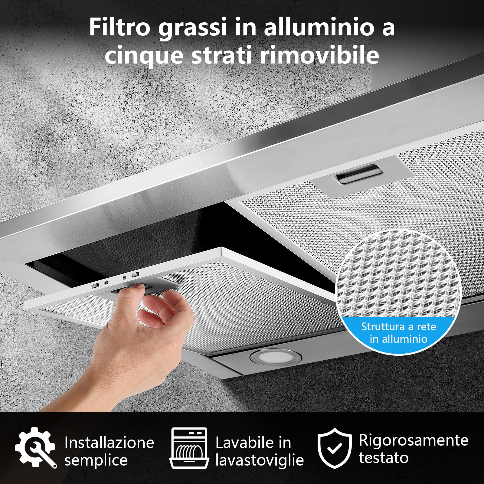 SNDOAS Cappa Aspirante 90cm Classe A++, 350 m³/h Cappa Cucina, Cappa Aspirante in Acciaio Inossidabile, con Filtro a Carbone Attivo, 3 Livelli di Velocità, LED