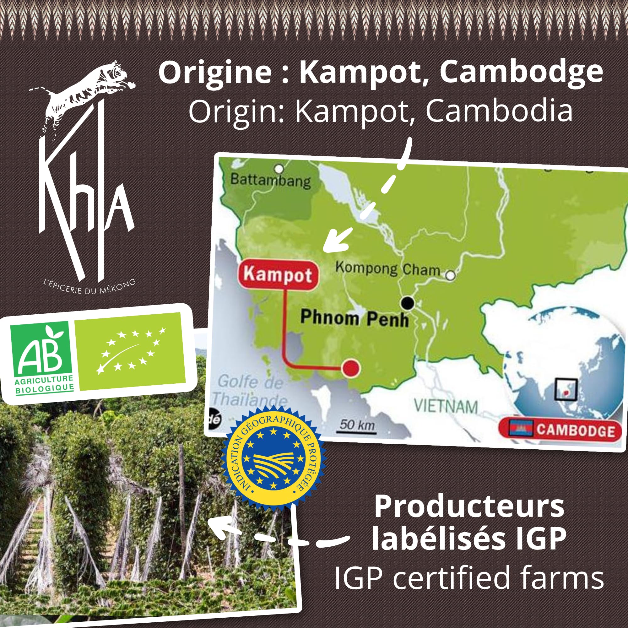 Khla - Coffret 3 Poivres de Kampot Bio - Coffret Idée Cadeau - Trio de Poivres en Grain 3 x 120g - Grands Crus, Rares - Poivre du Monde - Production limitée - Épice d’Asie Cuisine - Origine Cambodge