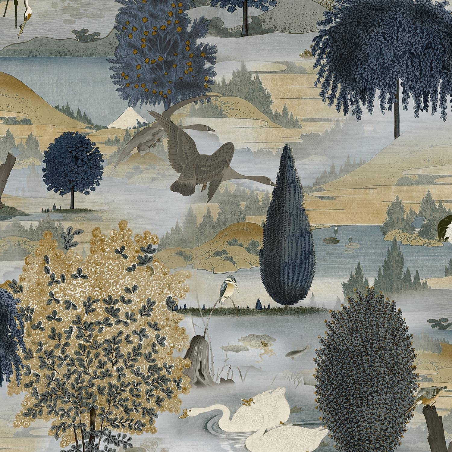 Yöl Navy And Ochre Swan Lake Navy Ochre Wallpaper - Floral Trees Wildlife Nature Scenic - Modern Contemporary Feature Wall