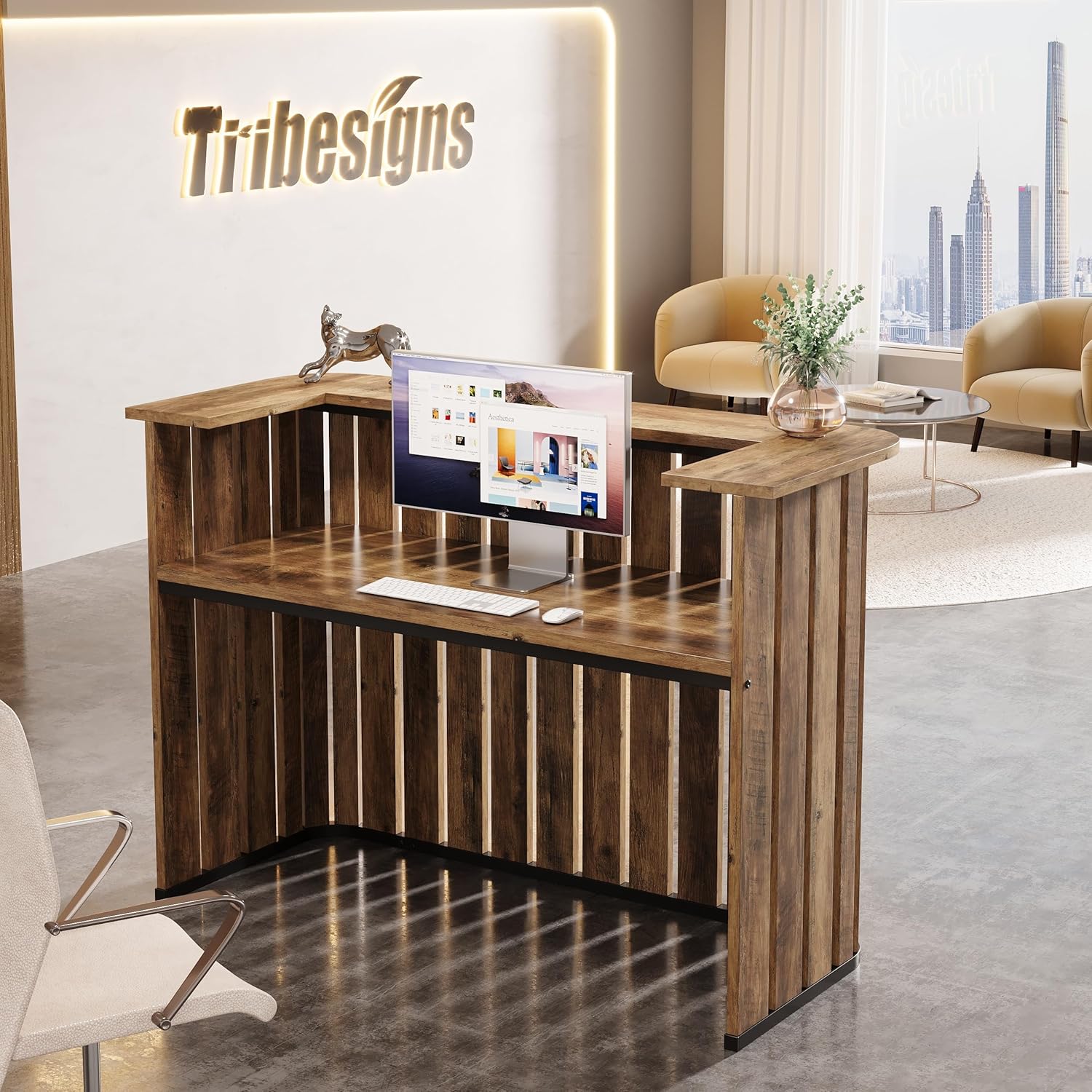 Tribesigns 63-Inch Reception Desk with Counter, Modern U-Shaped Front Desk with Private Panel, Retail Checkout Counter Table for Lobby, Salon, Reception Room, Office, Rustic Brown