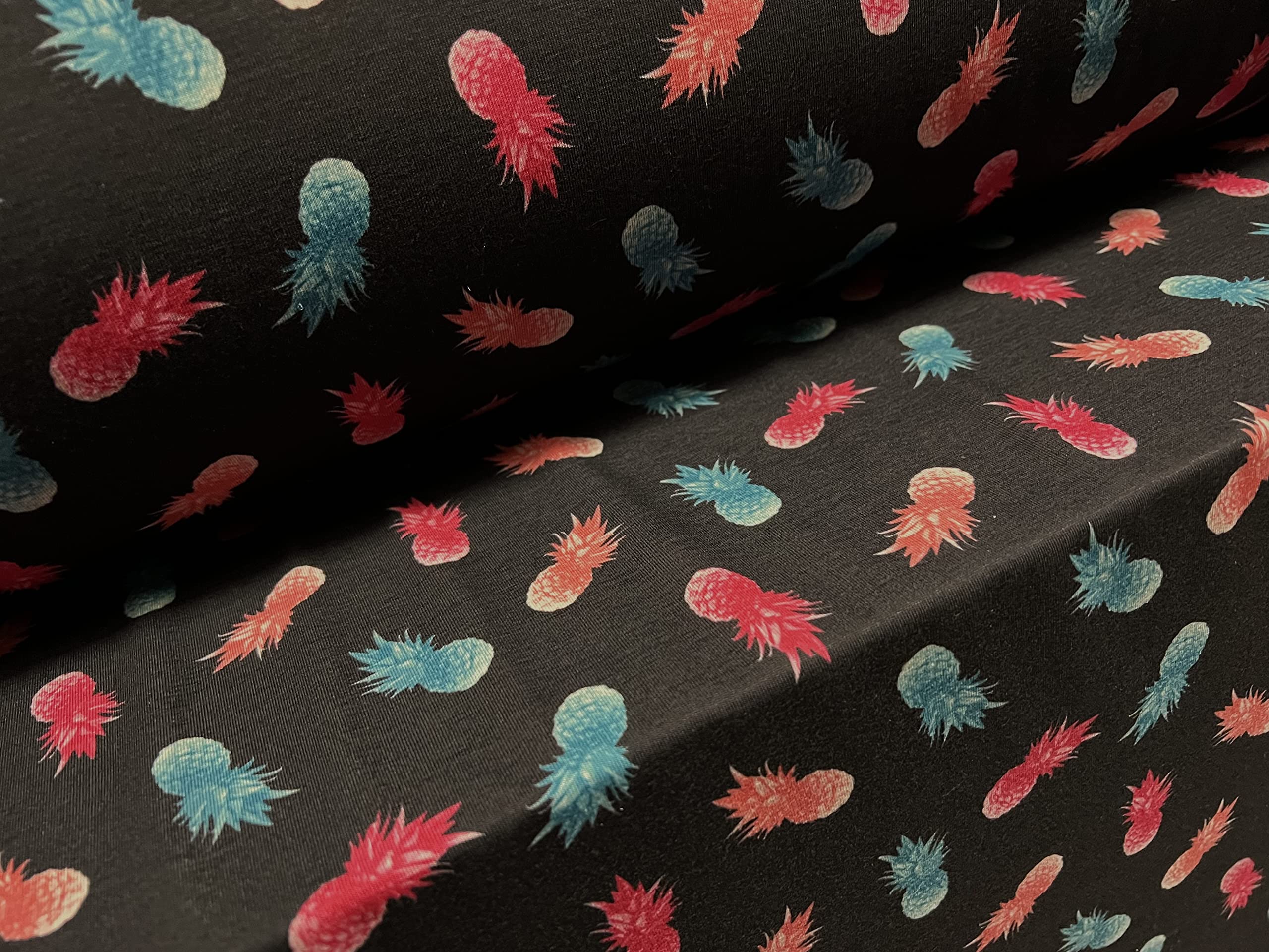 Soft Handle Single Jersey Fabric, per metre - Pineapple Fruit Print - Black Turquoise Pink