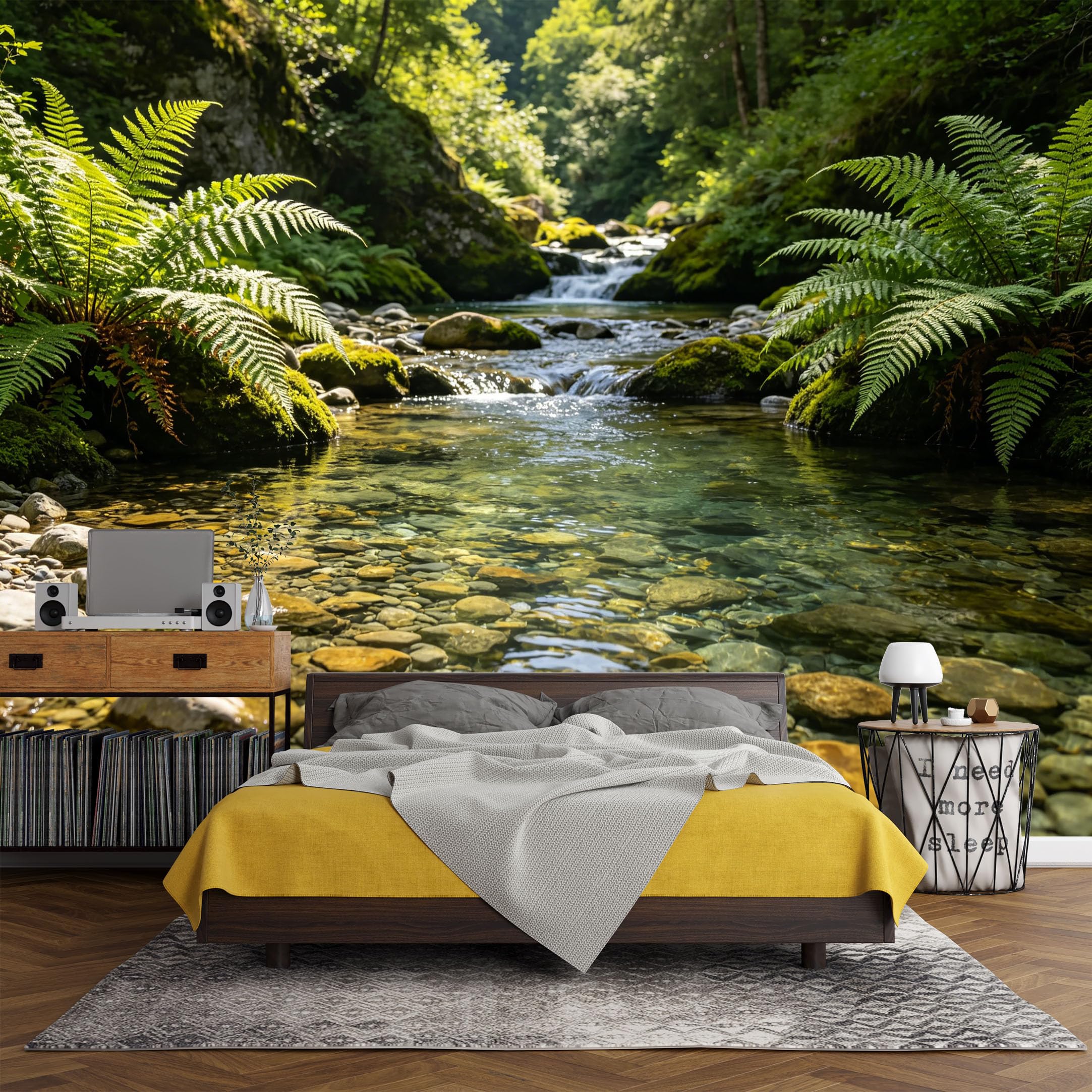 Custom Size Wall Mural， Forest River Stream Ferns Landscape Nature Waterfall，SelfAdhesive Art Prints wall Fabric (No PVC) Removable Wallpaper Living Room Decor
