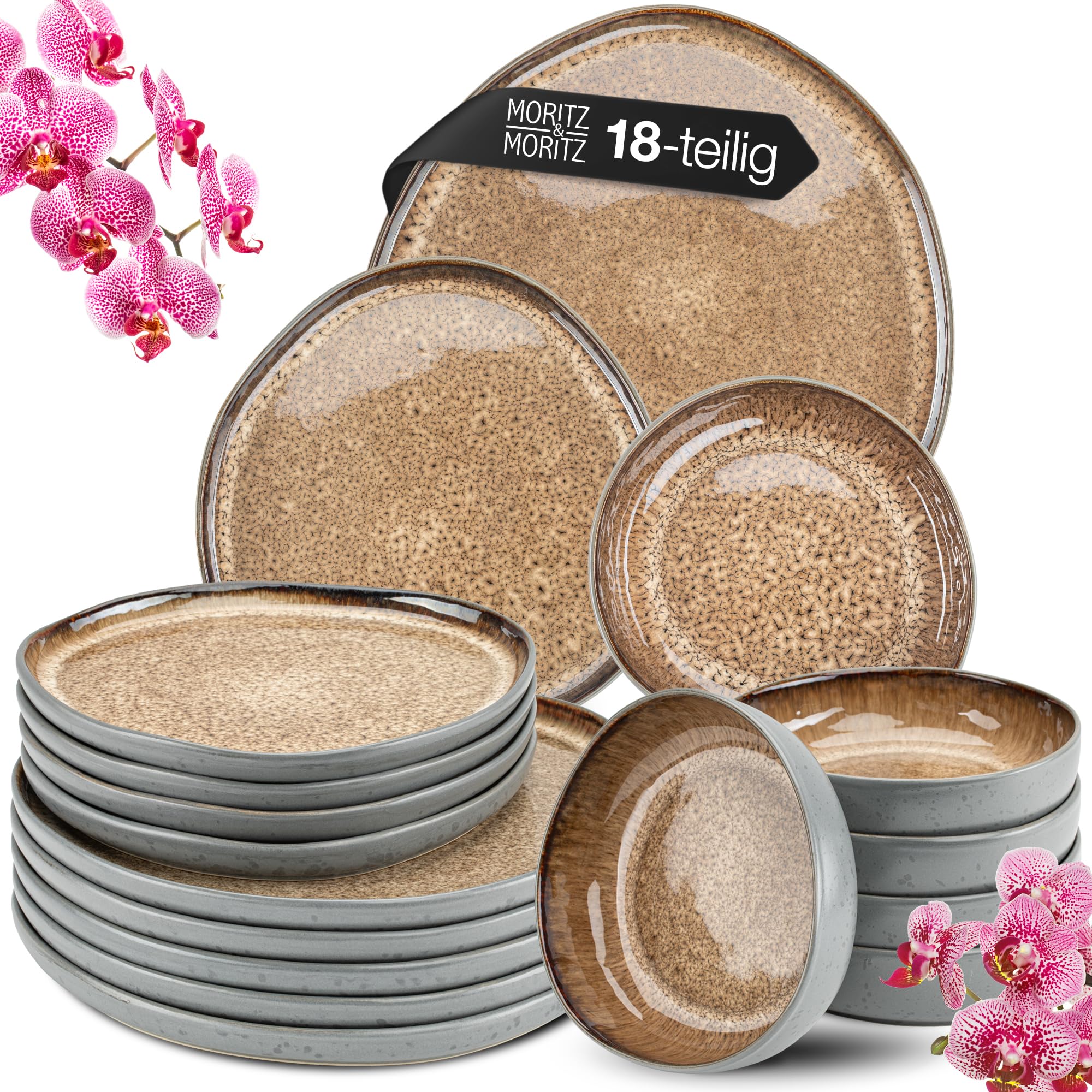 Moritz & Moritz Organic Service de table 18 pièces pour 6 personnes Beige – Assiettes élégantes en grès de qualité supérieure – Service de vaisselle pour 6 personnes composé de 6 assiettes à dîner, 6
