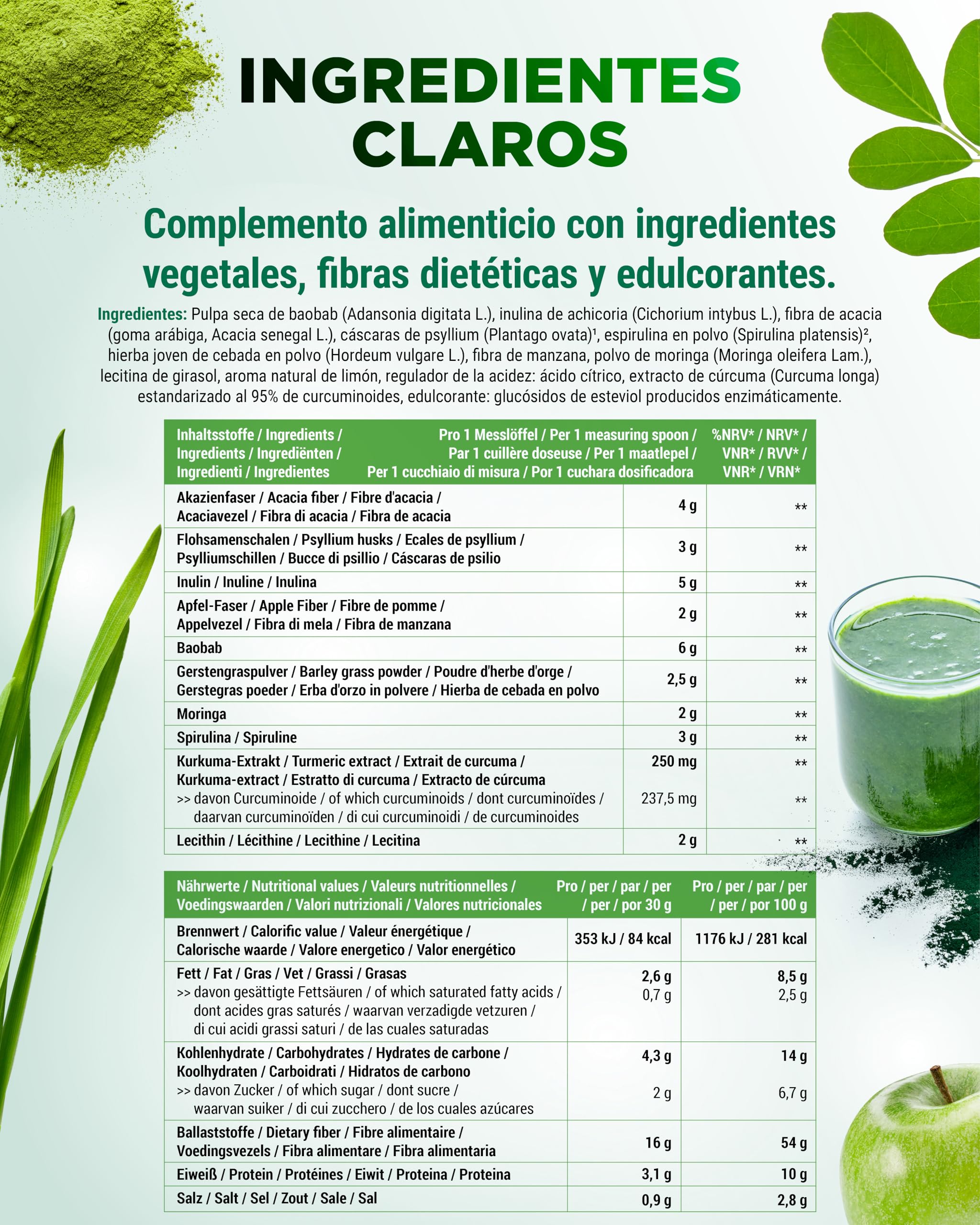 vit4ever Daily Greens & Fiber - Polvo 600 g - 16 g de Fibra - Limón