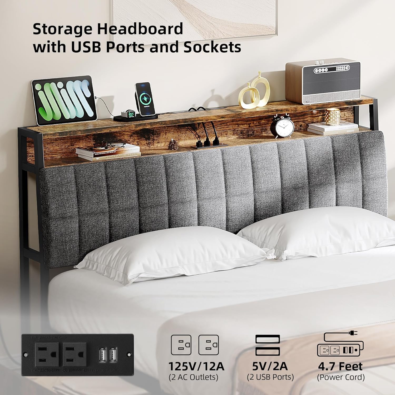 DWVO Queen Size Bed Frame, Upholstered Platform Bed Frame with Charging Station/4 Drawers, Storage Headboard Metal Bed Frame Strong Wooden Slats, No Box Spring Needed, Fast Assembly, Rustic Brown